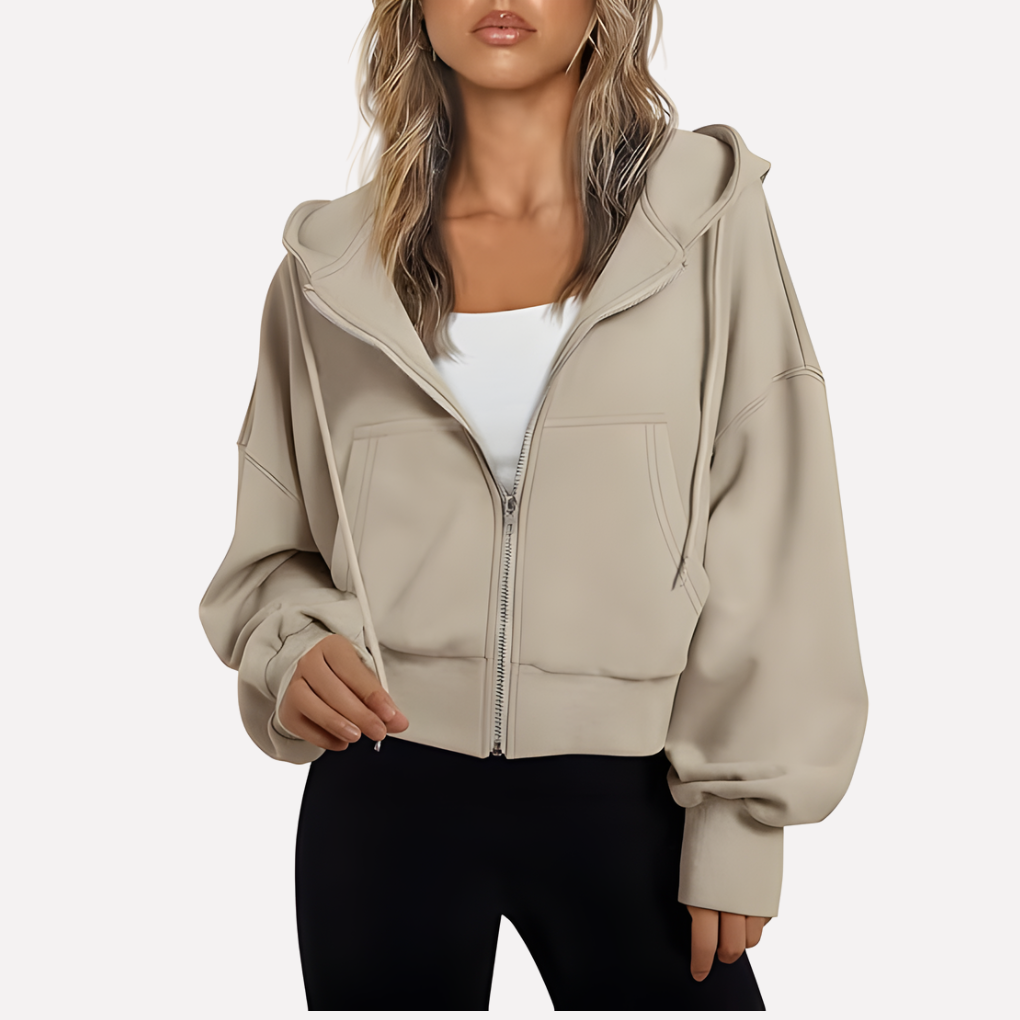 Women's Cropped Zip Up Hoodie with Adjustable Drawstring | Relaxed Sleeves, Printed Accents, Soft Interior | Size S-2XL