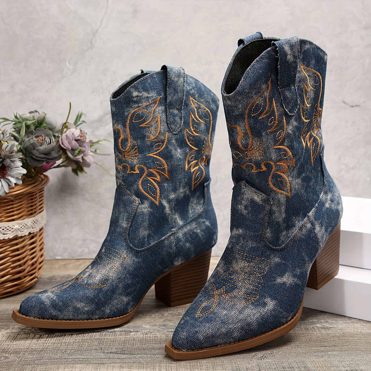 Women's Wide Calf Western Boots with Floral Embroidery | Block Heel and Washed Finish | Size 5.5-10.5, Black or Blue