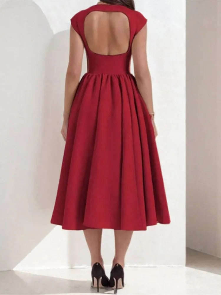 Women's Satin Midi Dress with Bateau Neck and Cap Sleeves | Open Back, Pockets | Sizes XS to XL, 4 Colors