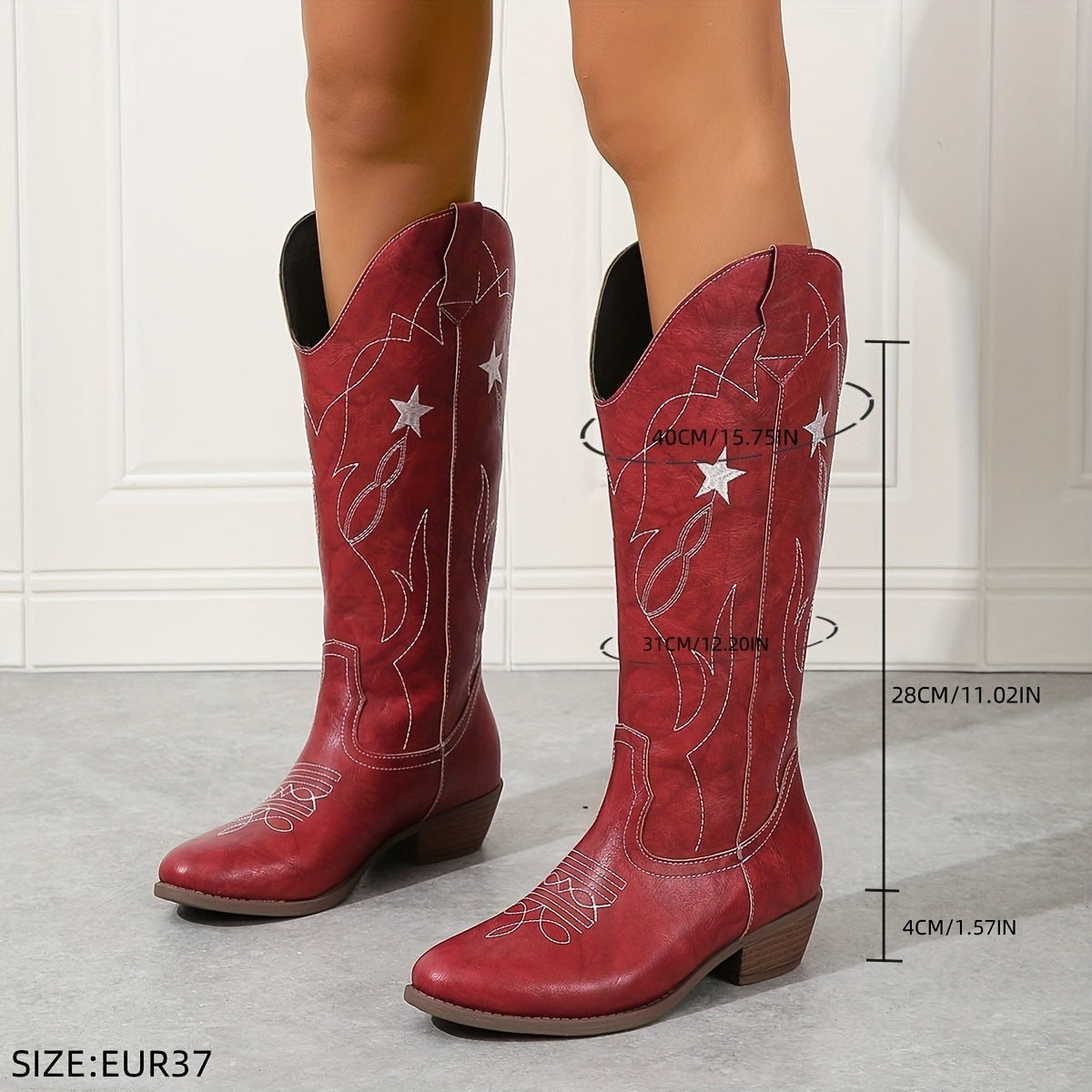Women's Wide Calf Knee High Boots in Red | Western Star Embroidery, Stacked Block Heel and a Pull On Shaft | Size 5.5-10.5