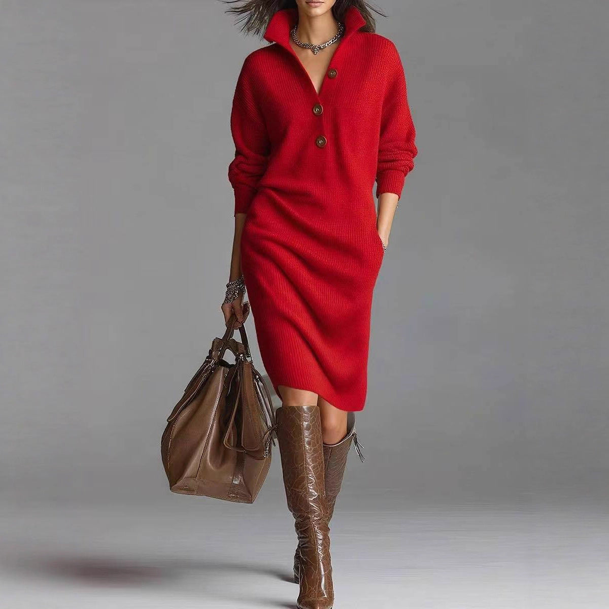 Women's Knit Sweater Dress with Collared Button Placket | Relaxed Drop Shoulder Shape, Below the Knee | Sizes S-3XL, 5 Colors