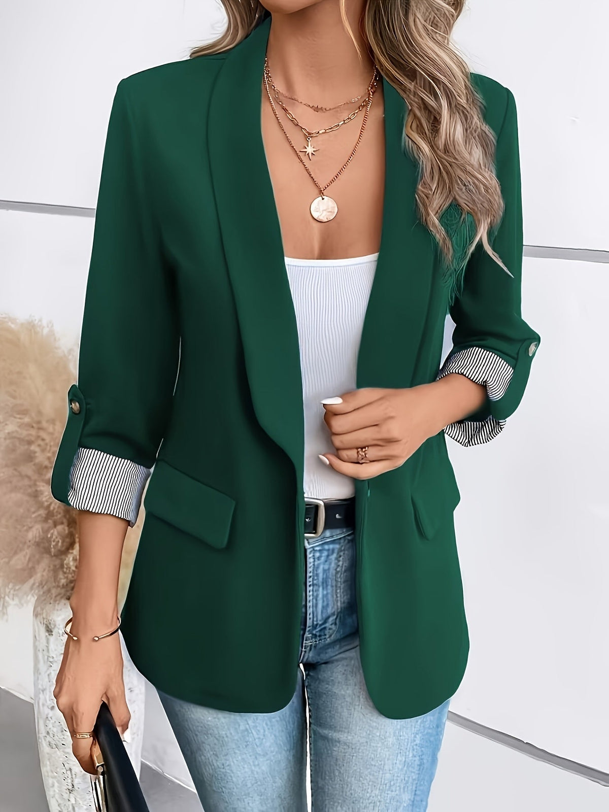 Women's Single Button Blazer with Roll-Up 3/4 Sleeves | Lined, Lightweight Polyester, Straight H-Line Fit | Size S-2XL