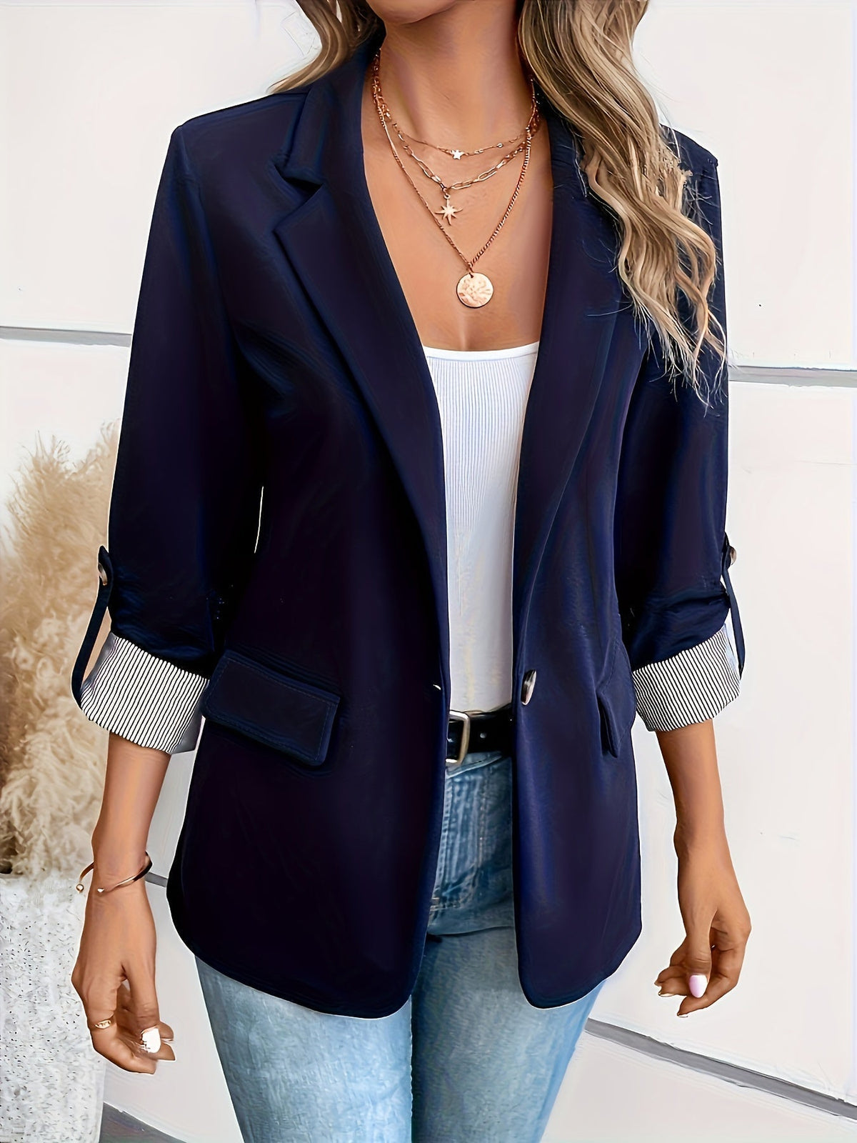 Women's Single Button Blazer with Roll-Up 3/4 Sleeves | Lined, Lightweight Polyester, Straight H-Line Fit | Size S-2XL