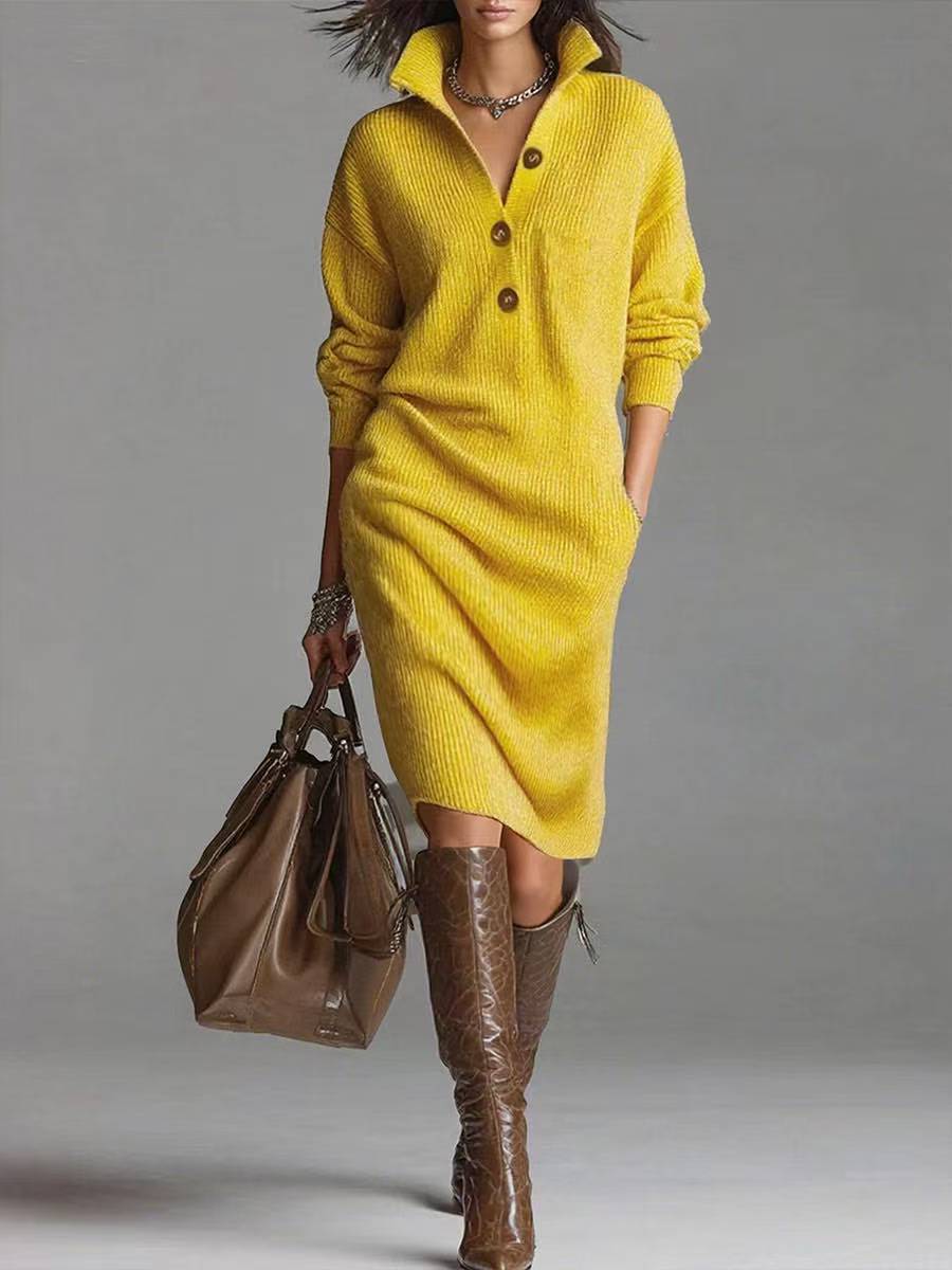 Women's Knit Sweater Dress with Collared Button Placket | Relaxed Drop Shoulder Shape, Below the Knee | Sizes S-3XL, 5 Colors