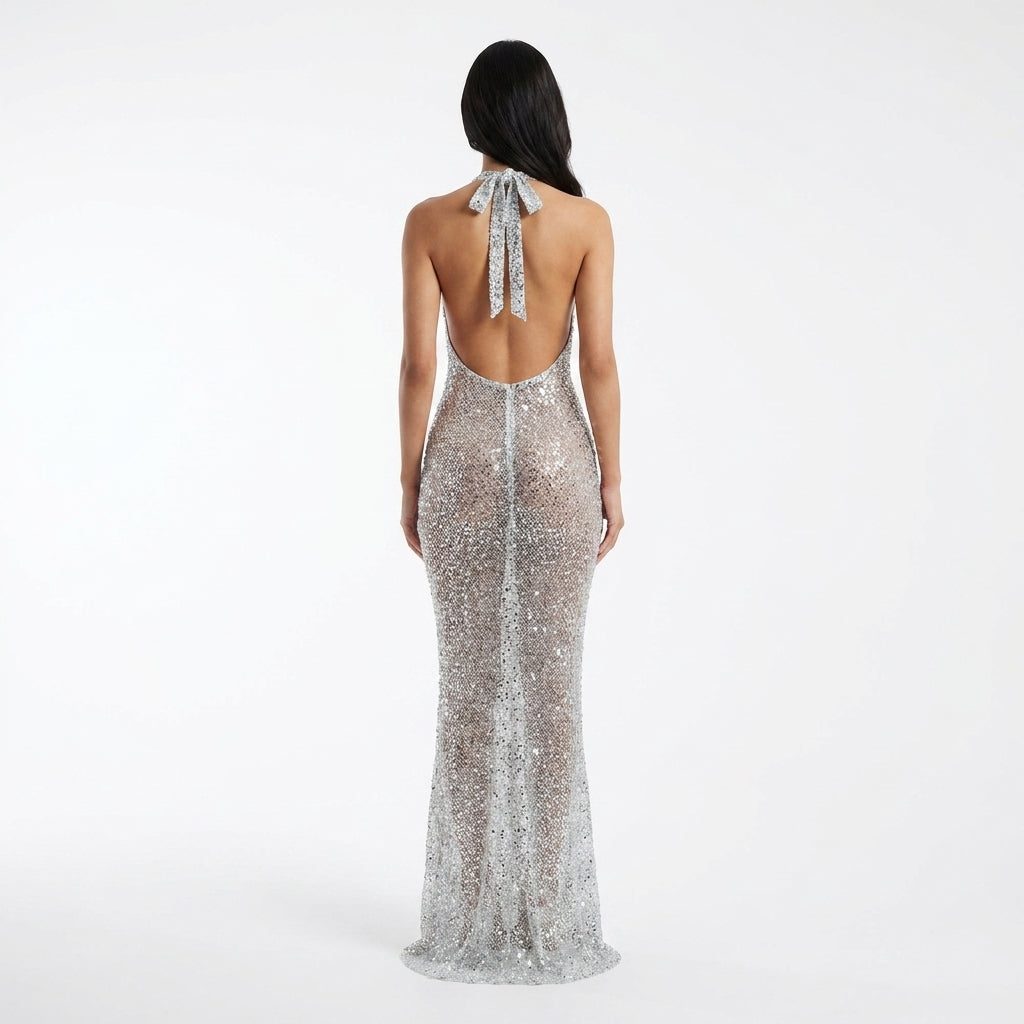 Women's Sequin Maxi Dress with Deep V Neckline | Sleeveless Column Line for Galas and Parties | Sizes S to XL, Silver