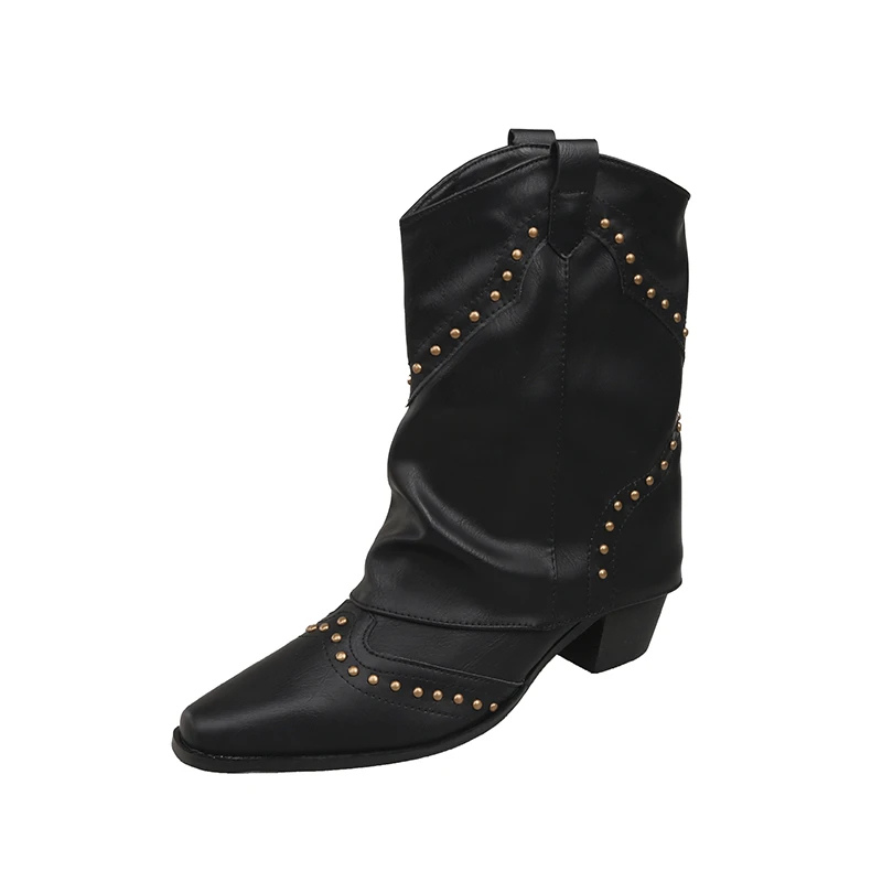 Women's Studded Western Boots with Metal Rivets | Medium Heel Cowgirl Style for Fall Nights | Size 5.5-9.5, 3 Colors