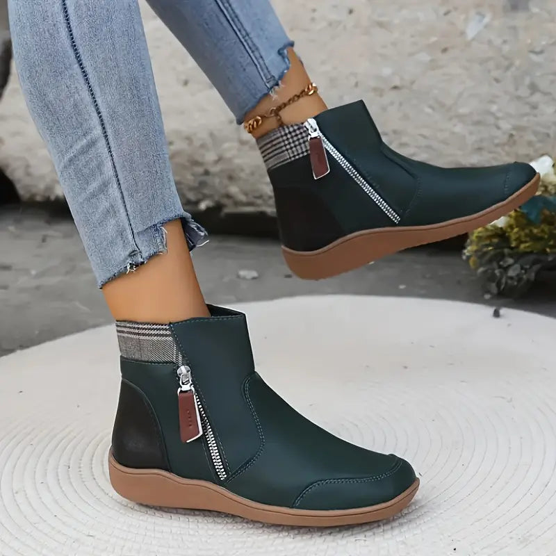Women's Ankle Boots with Side Zip | Cushioned Insole, Non-Slip Outsole and Check Panel | Sizes 5.5-11, 5 Colors