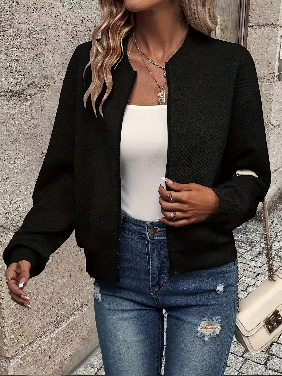 Women's Lightweight Zip-Up Jacket with Stand Collar | Waist Length, Stretch Polyester, Wrinkle Resistant | Size S-2XL