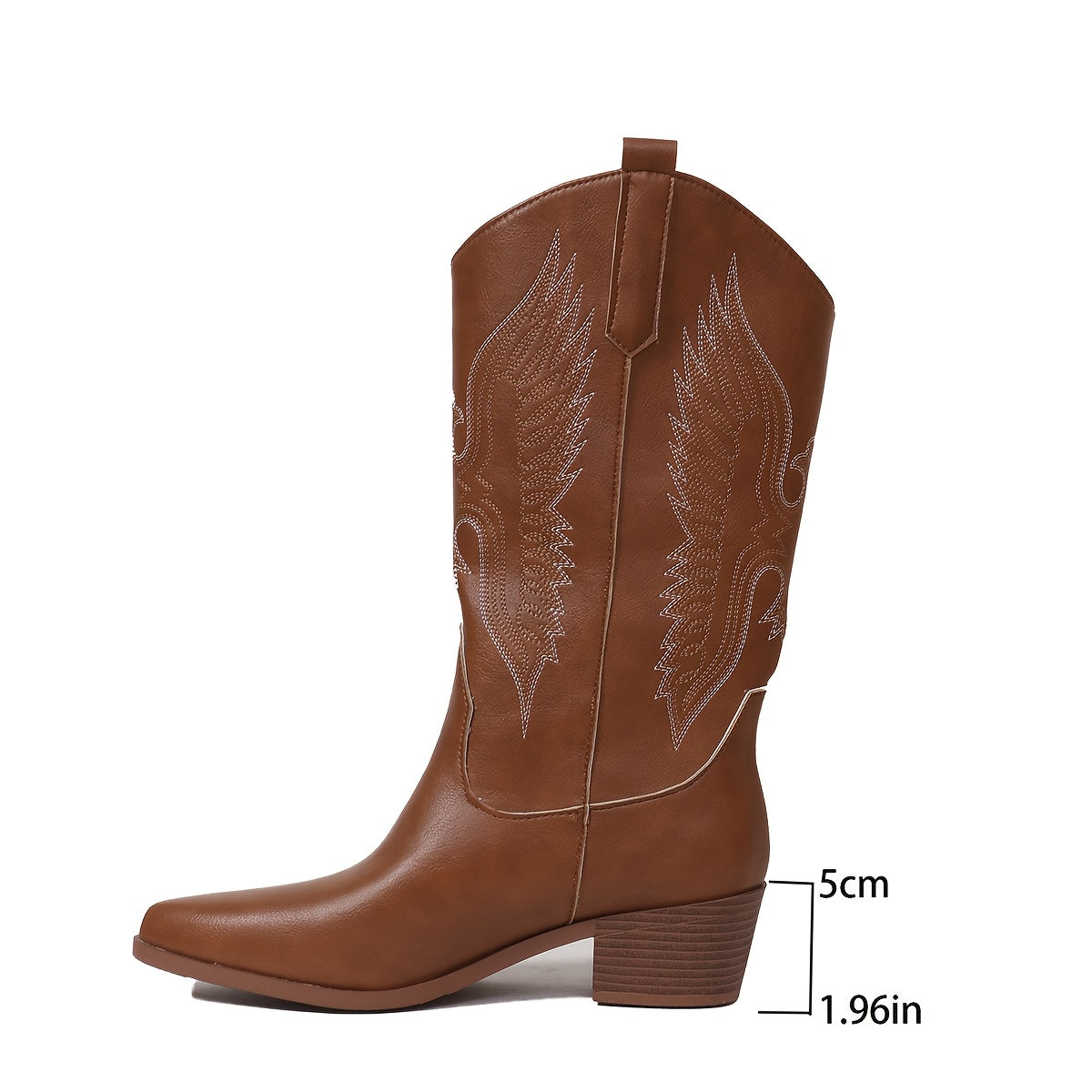 Women's Wide Calf Knee-High Western Boots | Wing Embroidery, Block Heel, Pull-Tab Entry | US 5.5-12 | 3 Colors