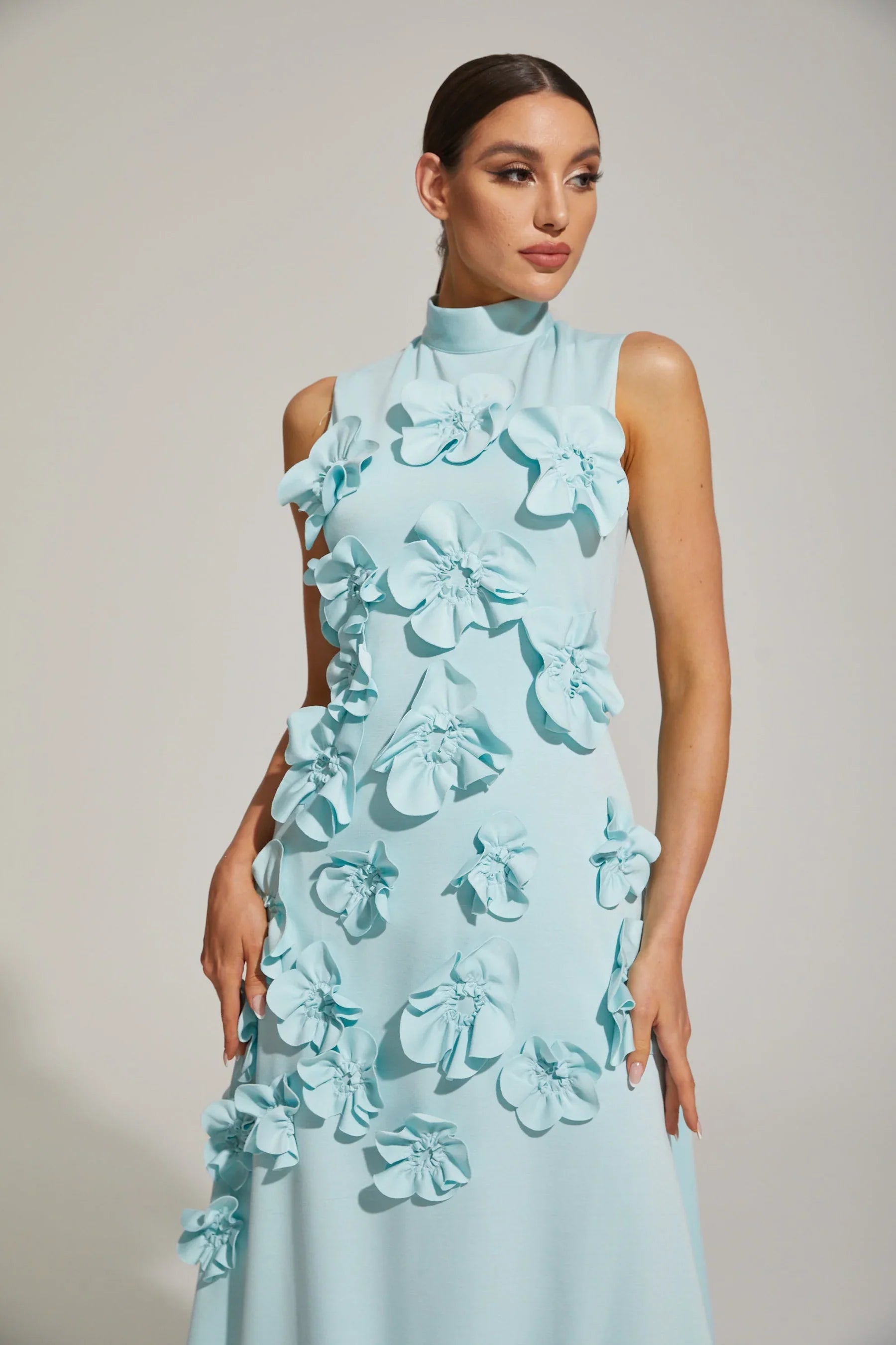 Maxi Dress with High Neckline and Embroidered Floral Detail