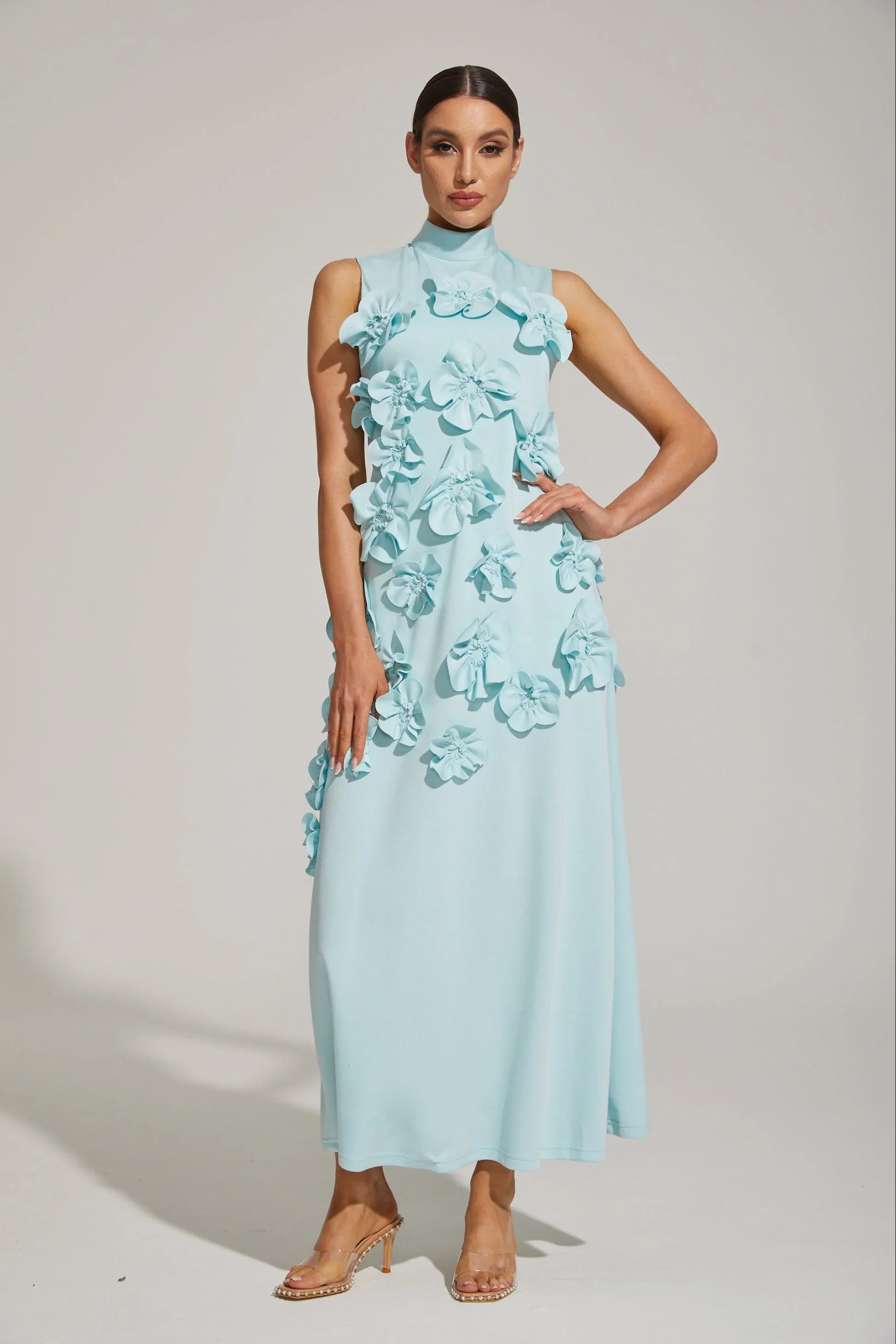 Maxi Dress with High Neckline and Embroidered Floral Detail