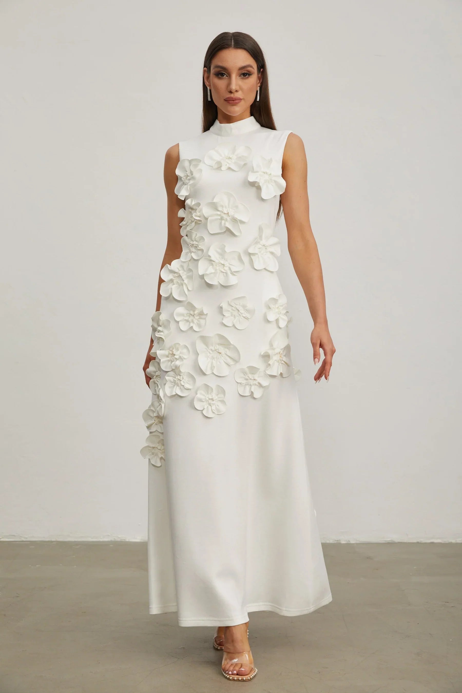 Maxi Dress with High Neckline and Embroidered Floral Detail