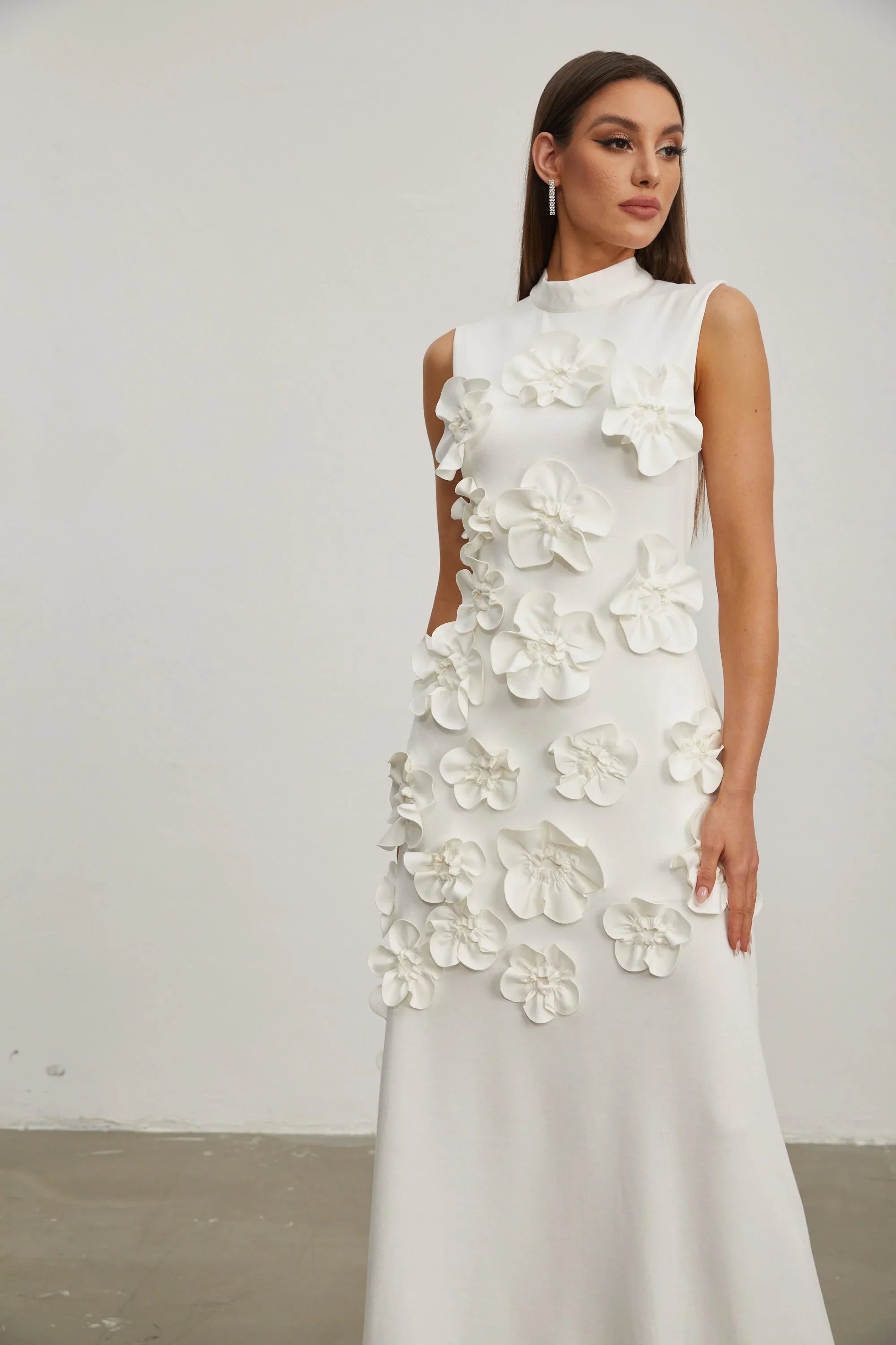 Maxi Dress with High Neckline and Embroidered Floral Detail