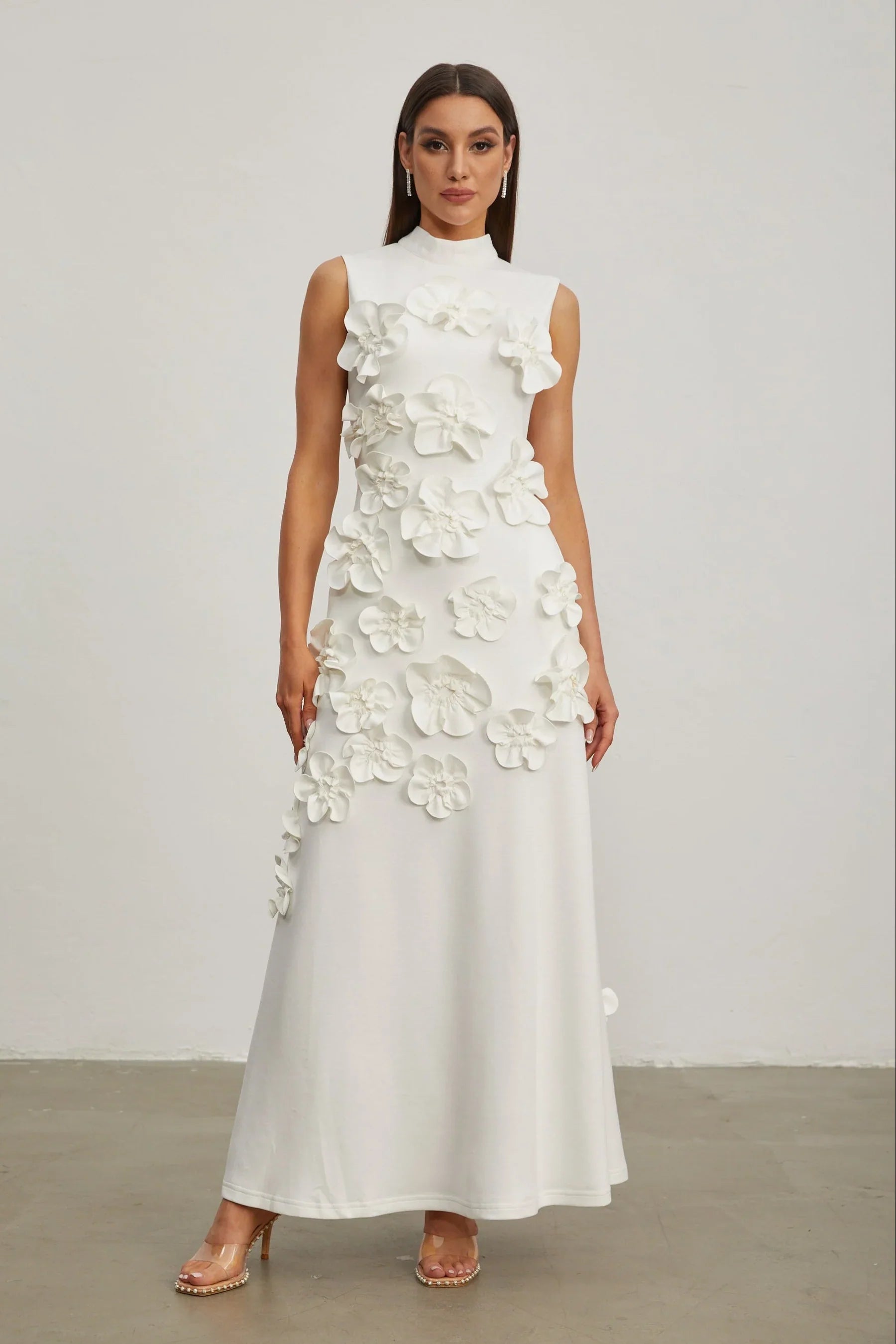 Maxi Dress with High Neckline and Embroidered Floral Detail