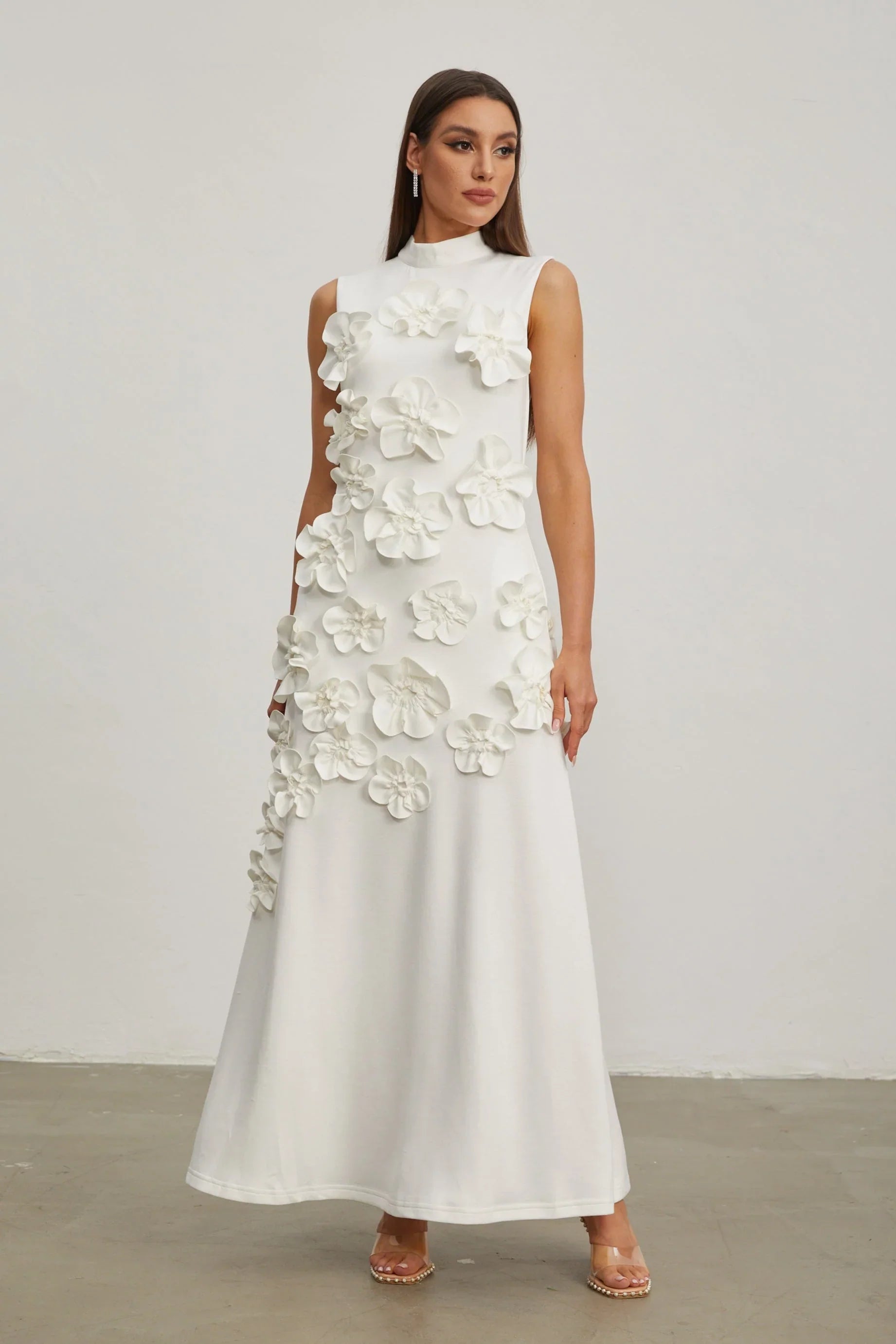 Maxi Dress with High Neckline and Embroidered Floral Detail