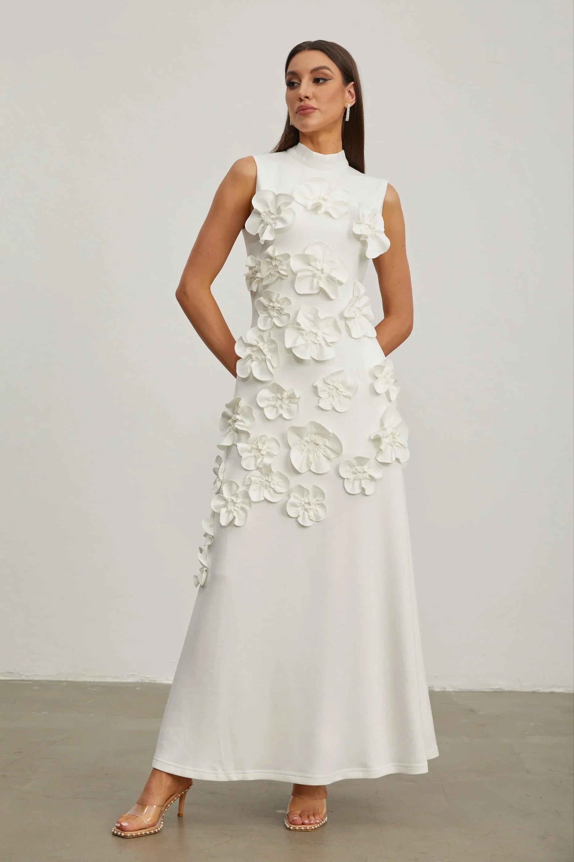 Maxi Dress with High Neckline and Embroidered Floral Detail