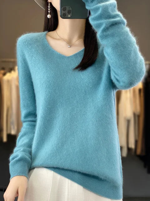 Women's V Neck Sweater with Long Sleeves | Relaxed Fit Knit Pullover in Twelve Shades | Size XS-3XL, 12 Colors