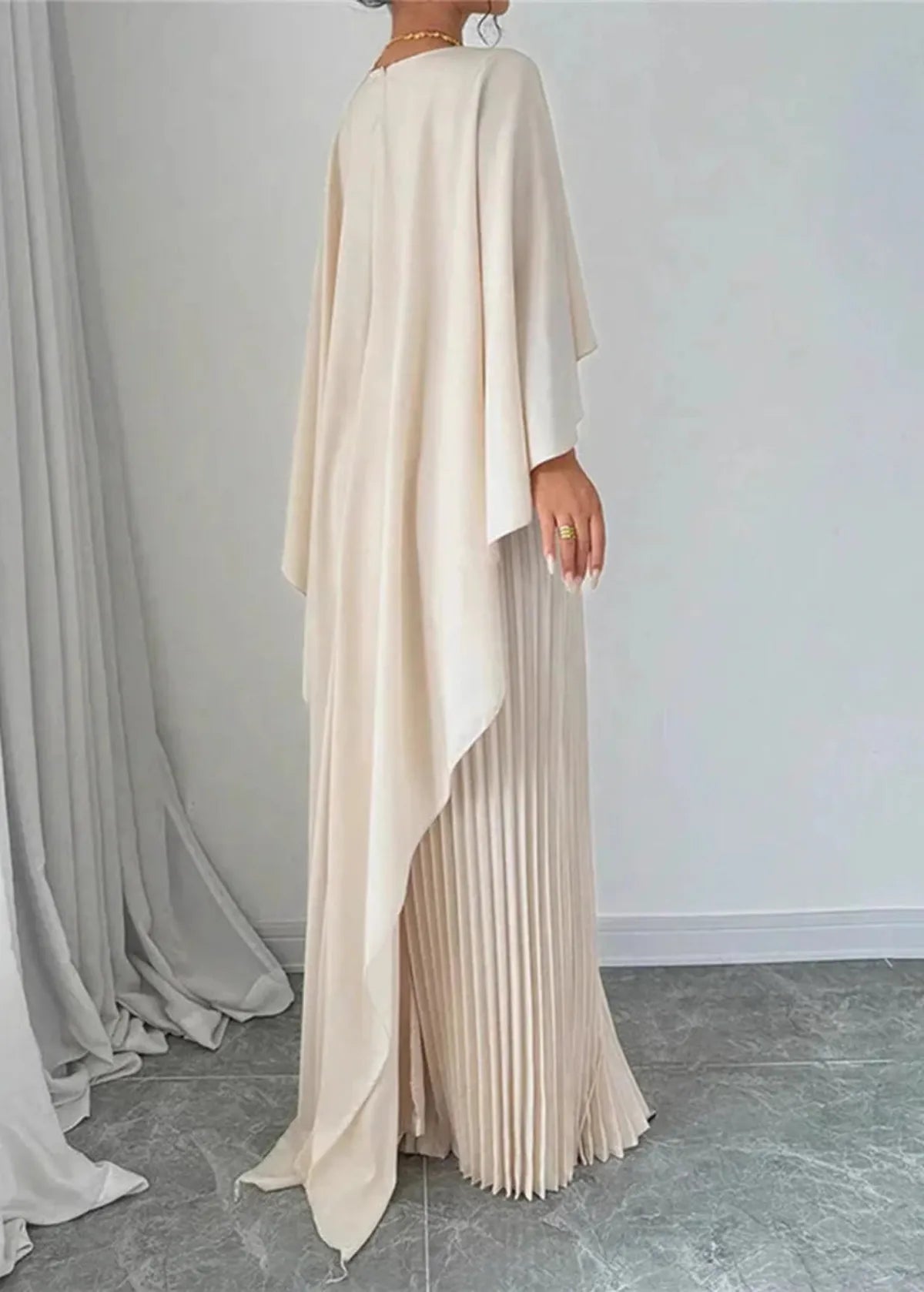 Women's Pleated Maxi Dress with Cape Overlay | High Neckline, Floor Length Skirt | Sizes S to 2XL, 3 Colors