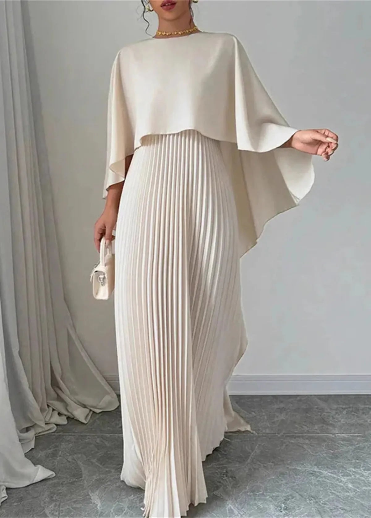 Women's Pleated Maxi Dress with Cape Overlay | High Neckline, Floor Length Skirt | Sizes S to 2XL, 3 Colors