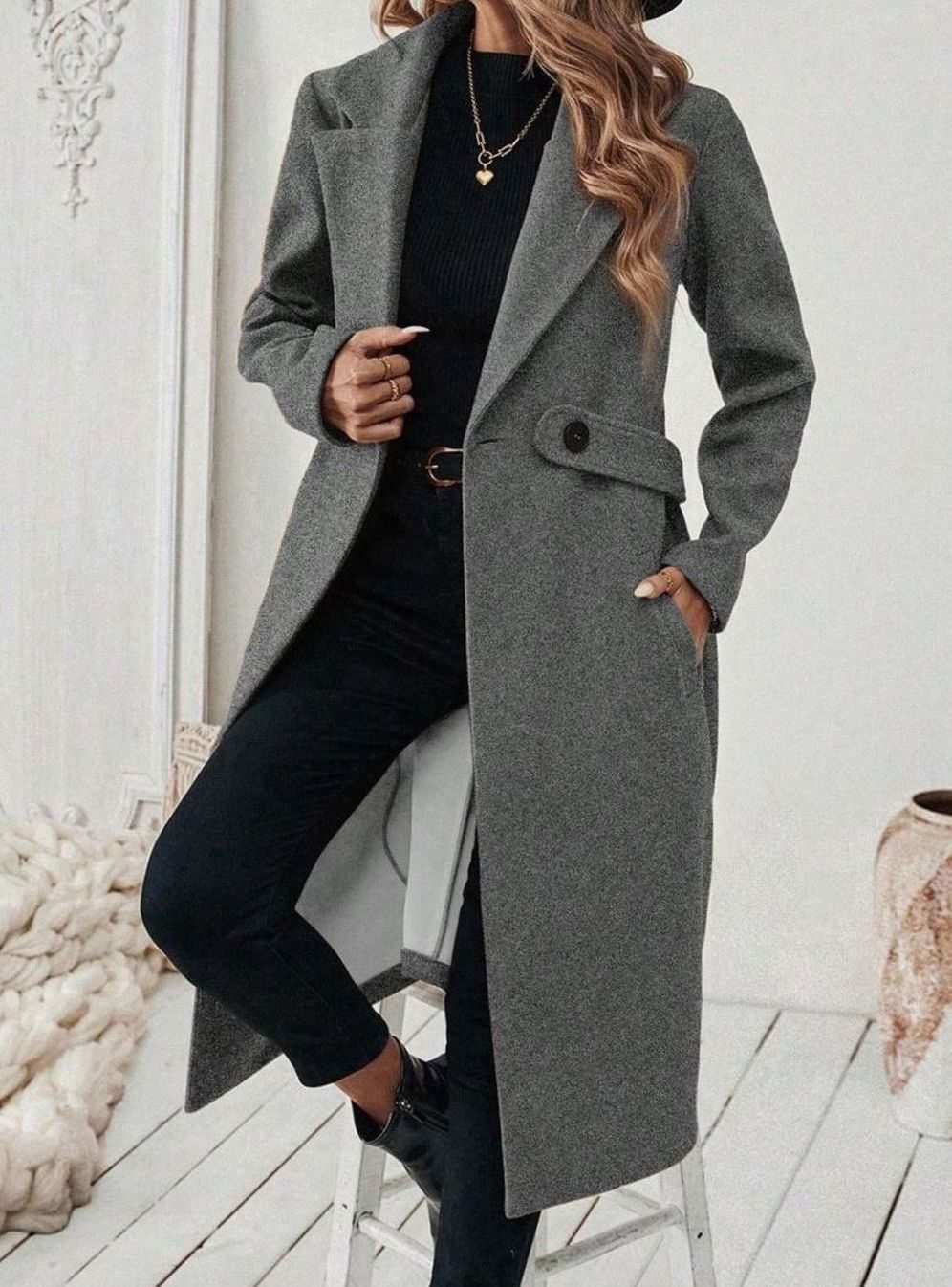 Women's Long Belted Coat with Wide Collar | Below-Knee Overcoat with Double Buttons at the Waist, Wool-Look Fabric | Size S-XL