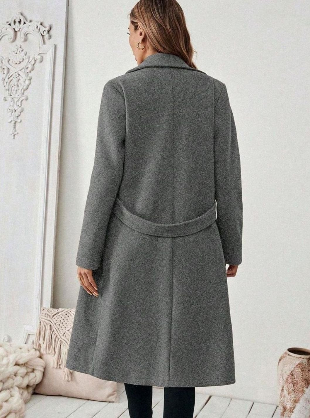 Women's Long Belted Coat with Wide Collar | Below-Knee Overcoat with Double Buttons at the Waist, Wool-Look Fabric | Size S-XL