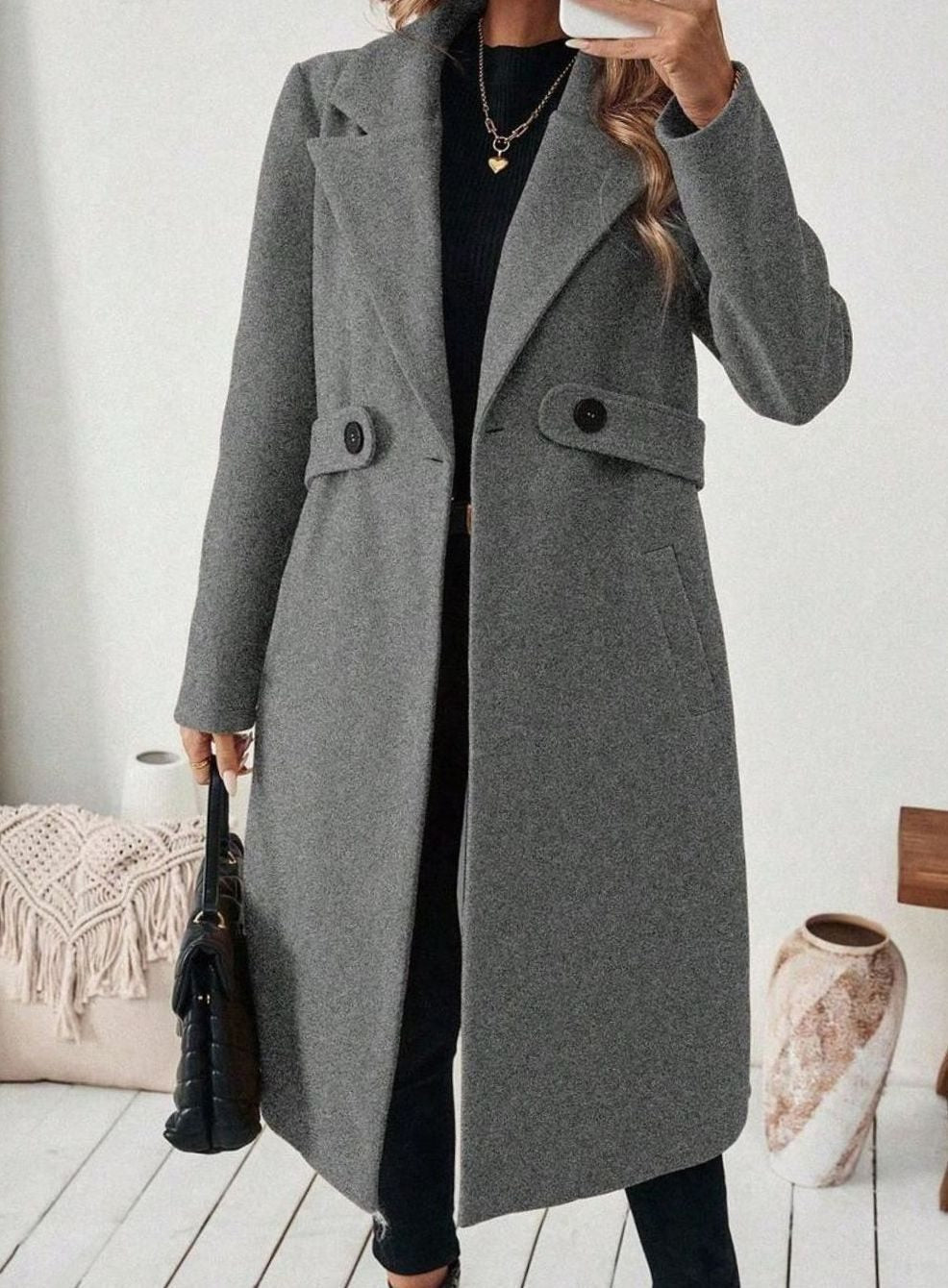 Women's Long Belted Coat with Wide Collar | Below-Knee Overcoat with Double Buttons at the Waist, Wool-Look Fabric | Size S-XL