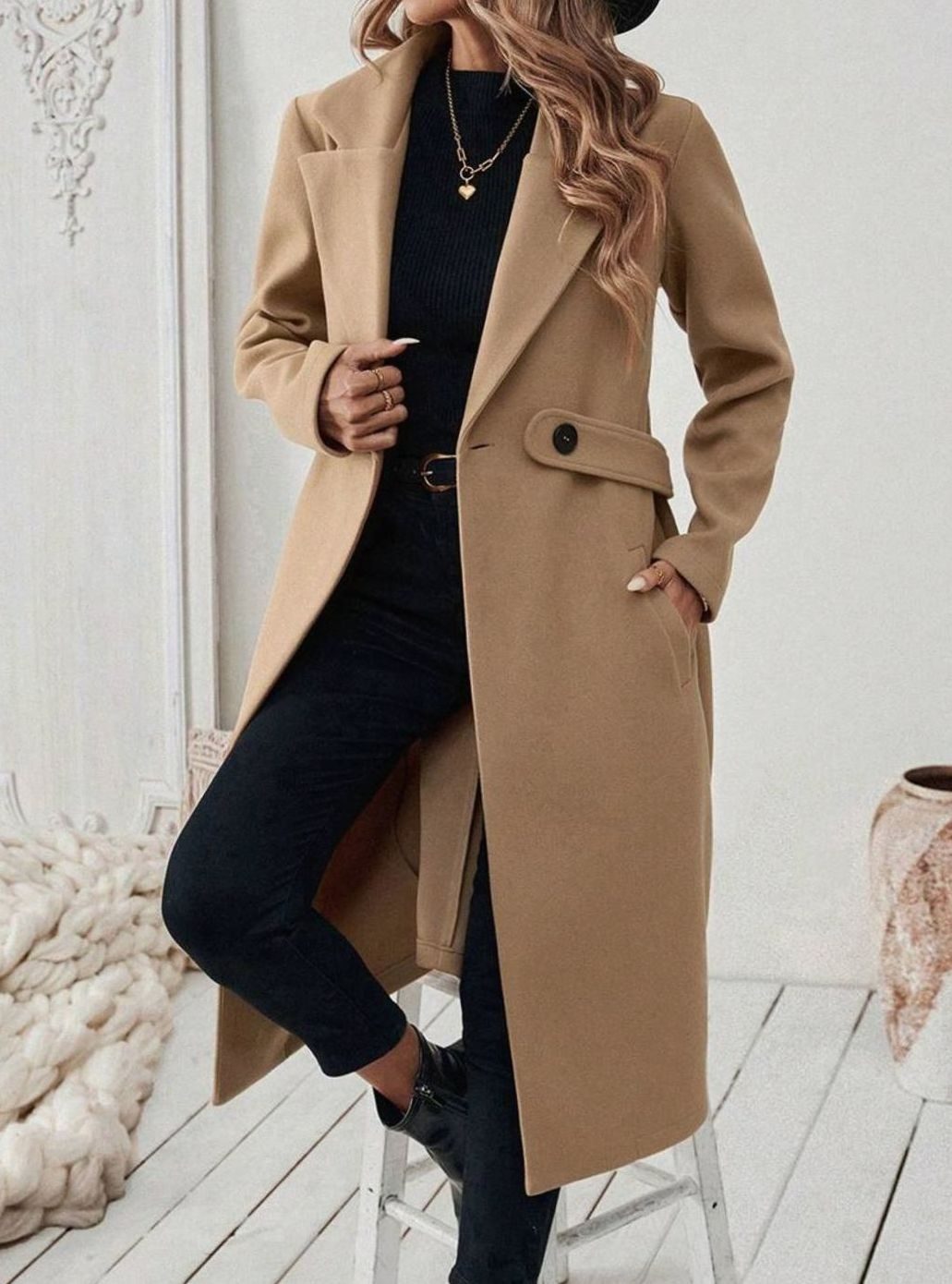 Women's Long Belted Coat with Wide Collar | Below-Knee Overcoat with Double Buttons at the Waist, Wool-Look Fabric | Size S-XL