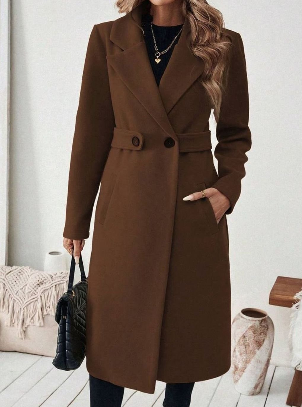 Women's Long Belted Coat with Wide Collar | Below-Knee Overcoat with Double Buttons at the Waist, Wool-Look Fabric | Size S-XL