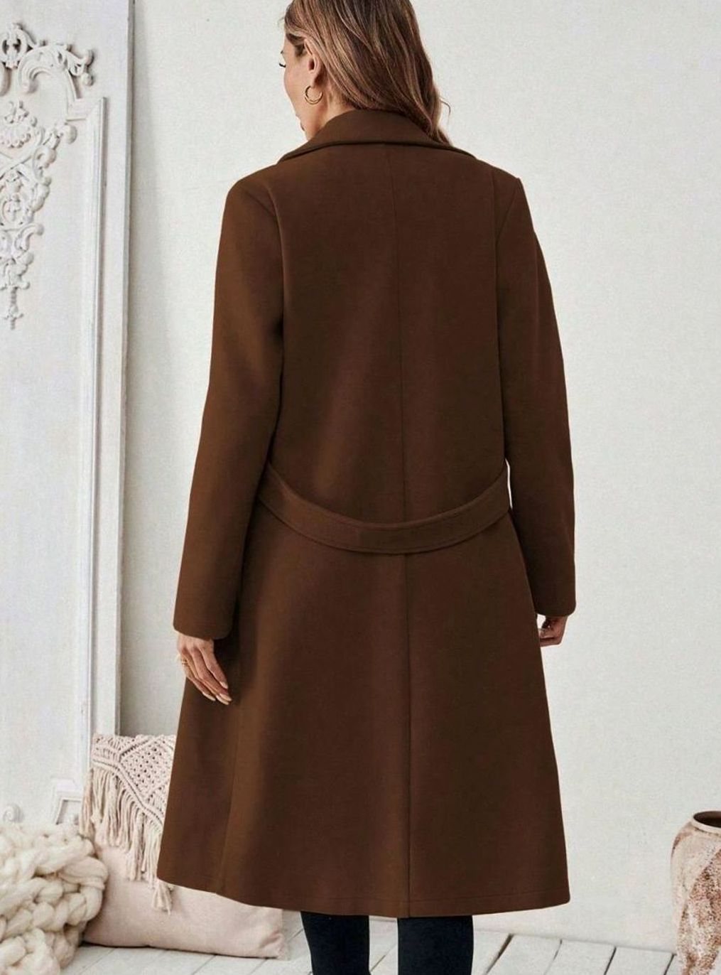 Women's Long Belted Coat with Wide Collar | Below-Knee Overcoat with Double Buttons at the Waist, Wool-Look Fabric | Size S-XL