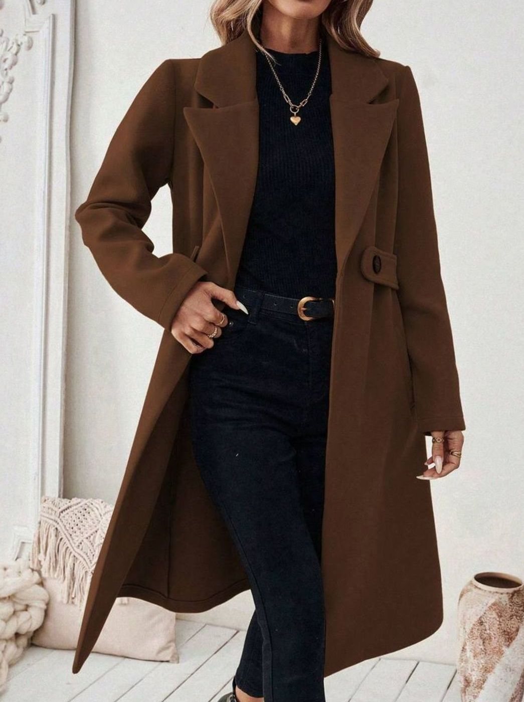 Women's Long Belted Coat with Wide Collar | Below-Knee Overcoat with Double Buttons at the Waist, Wool-Look Fabric | Size S-XL