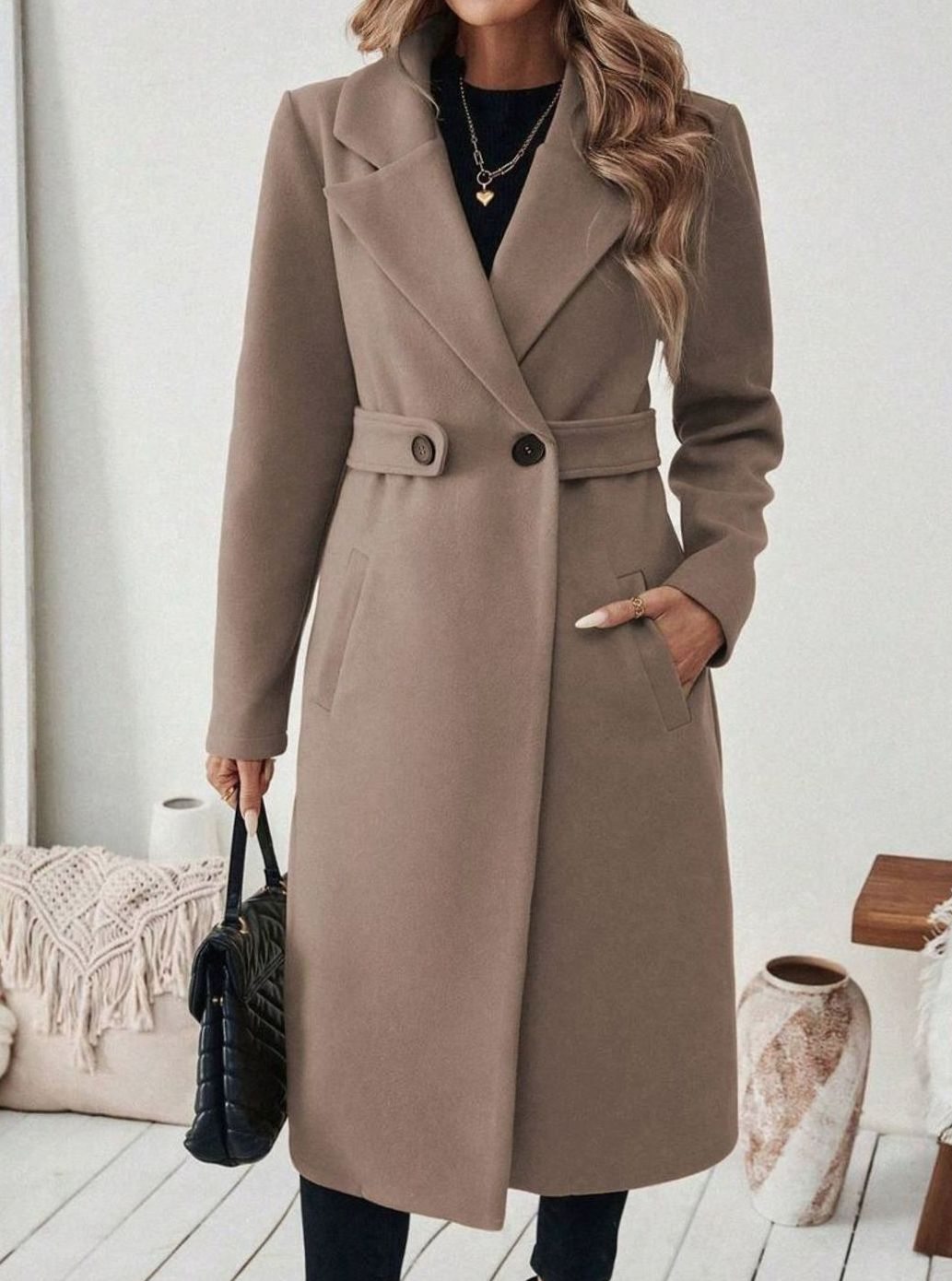 Women's Long Belted Coat with Wide Collar | Below-Knee Overcoat with Double Buttons at the Waist, Wool-Look Fabric | Size S-XL