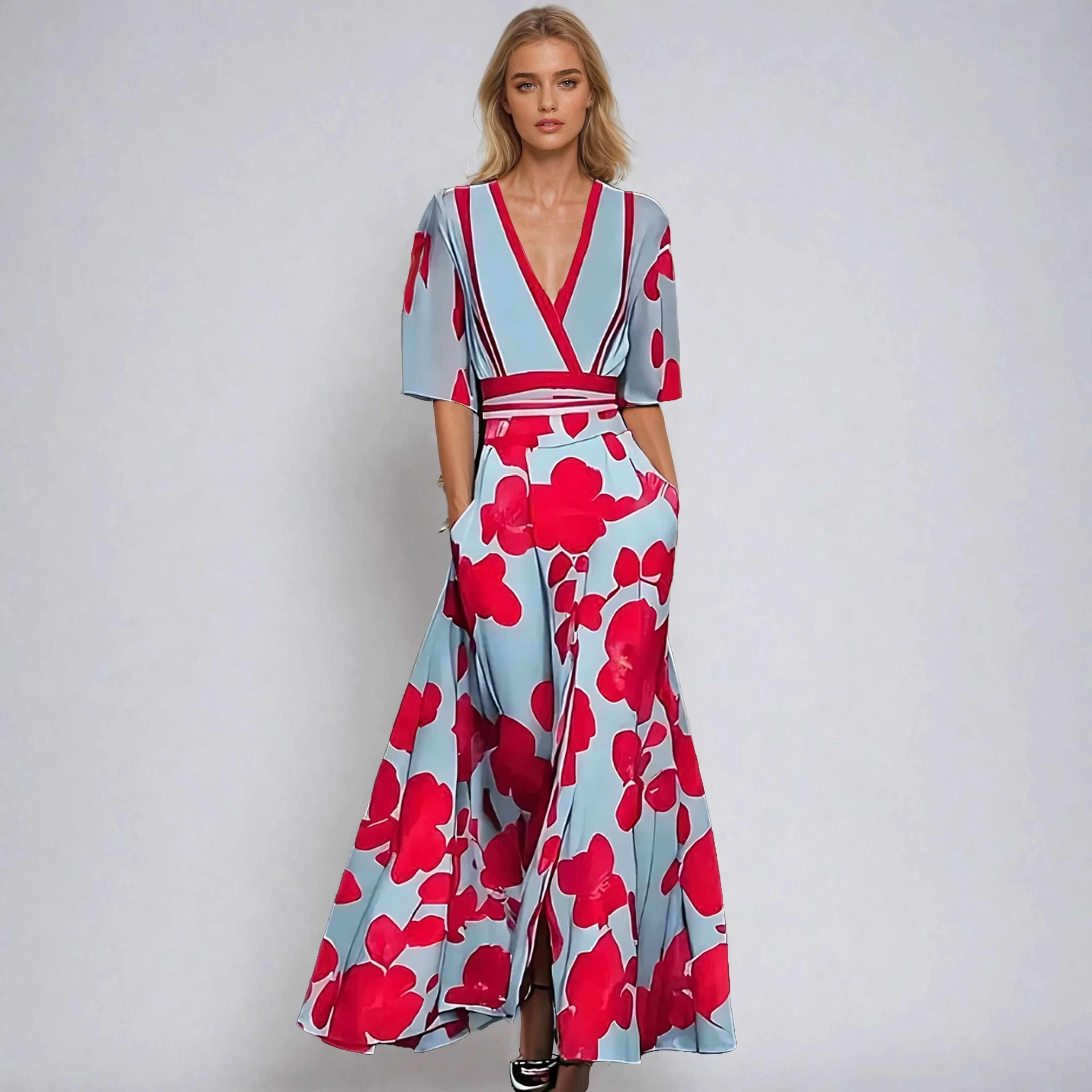 Floral Print A-Line Maxi Dress with V-Neckline