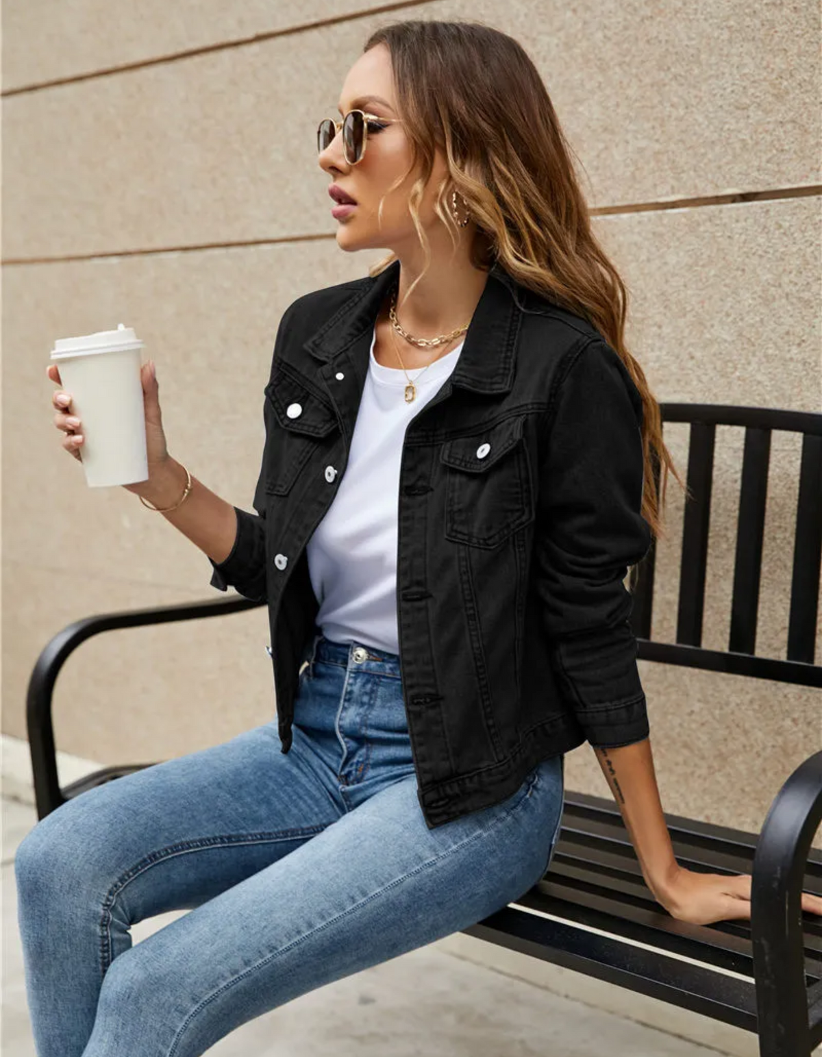 Women's Cropped Denim Jacket with Chest Pockets | Classic Collar, Button Front, Medium Weight with Slight Stretch | Size S-2XL