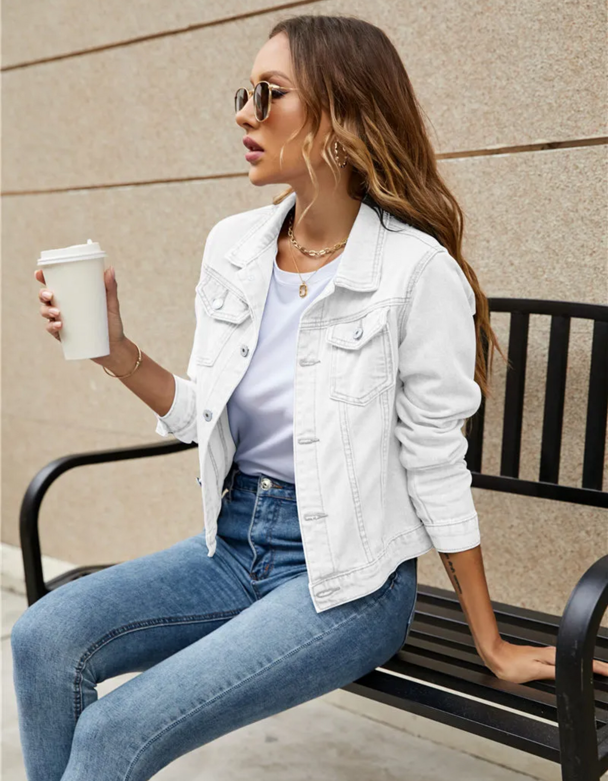 Women's Cropped Denim Jacket with Chest Pockets | Classic Collar, Button Front, Medium Weight with Slight Stretch | Size S-2XL