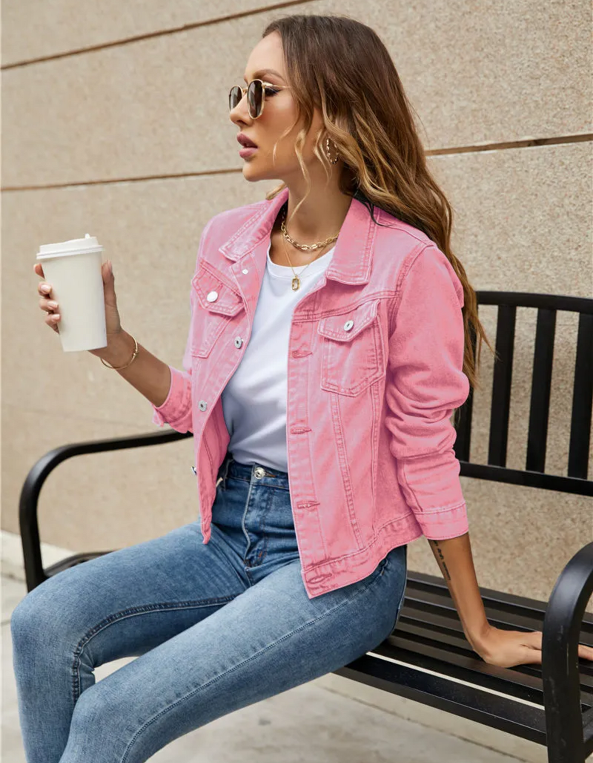 Women's Cropped Denim Jacket with Chest Pockets | Classic Collar, Button Front, Medium Weight with Slight Stretch | Size S-2XL