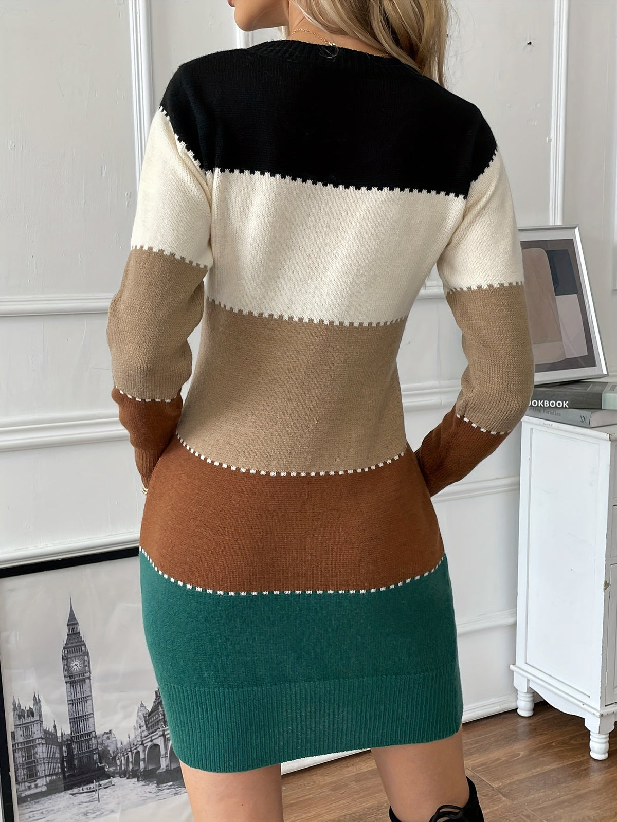 Women's Bodycon Sweater Dress with Contrast Whipstitch Trim | Paneled Knit Blocks, Above the Knee | Sizes S-2XL, 5 Colors