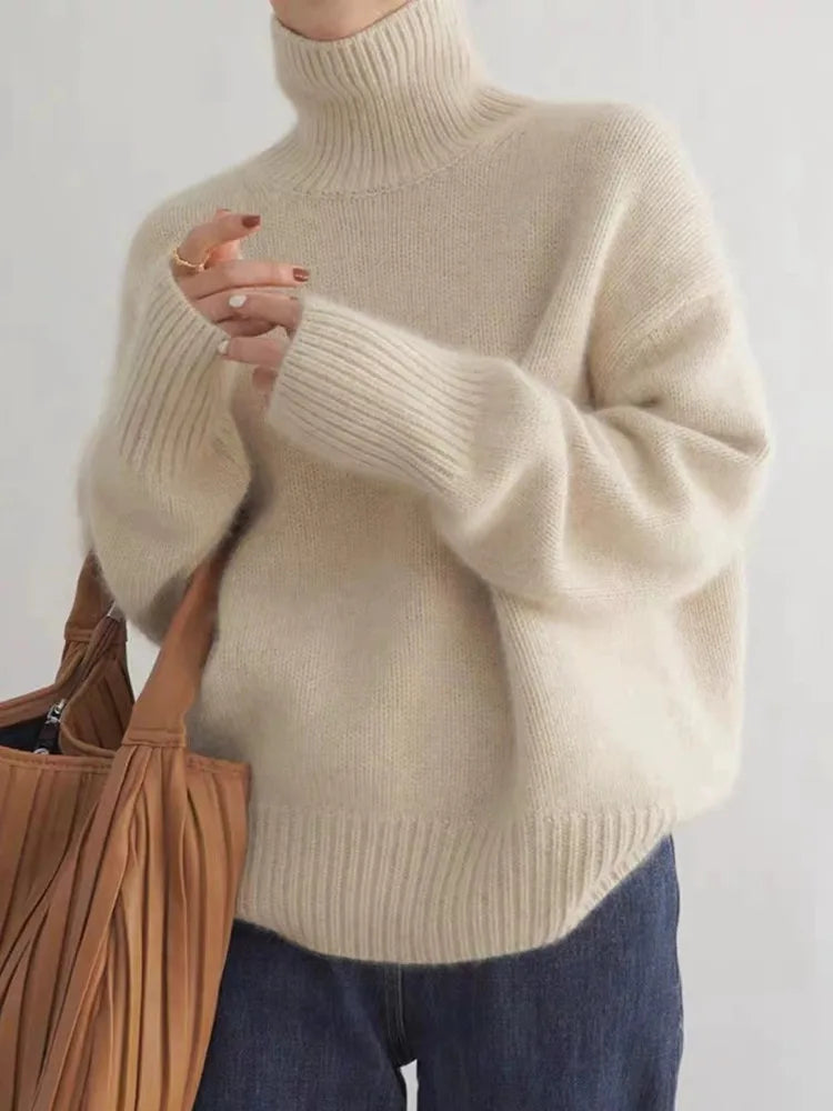 Women's High Collar Knit Sweater | Warm Standing Neckline, Long Sleeves, Relaxed Fit | Sizes S-XL | Beige, Gray, Khaki