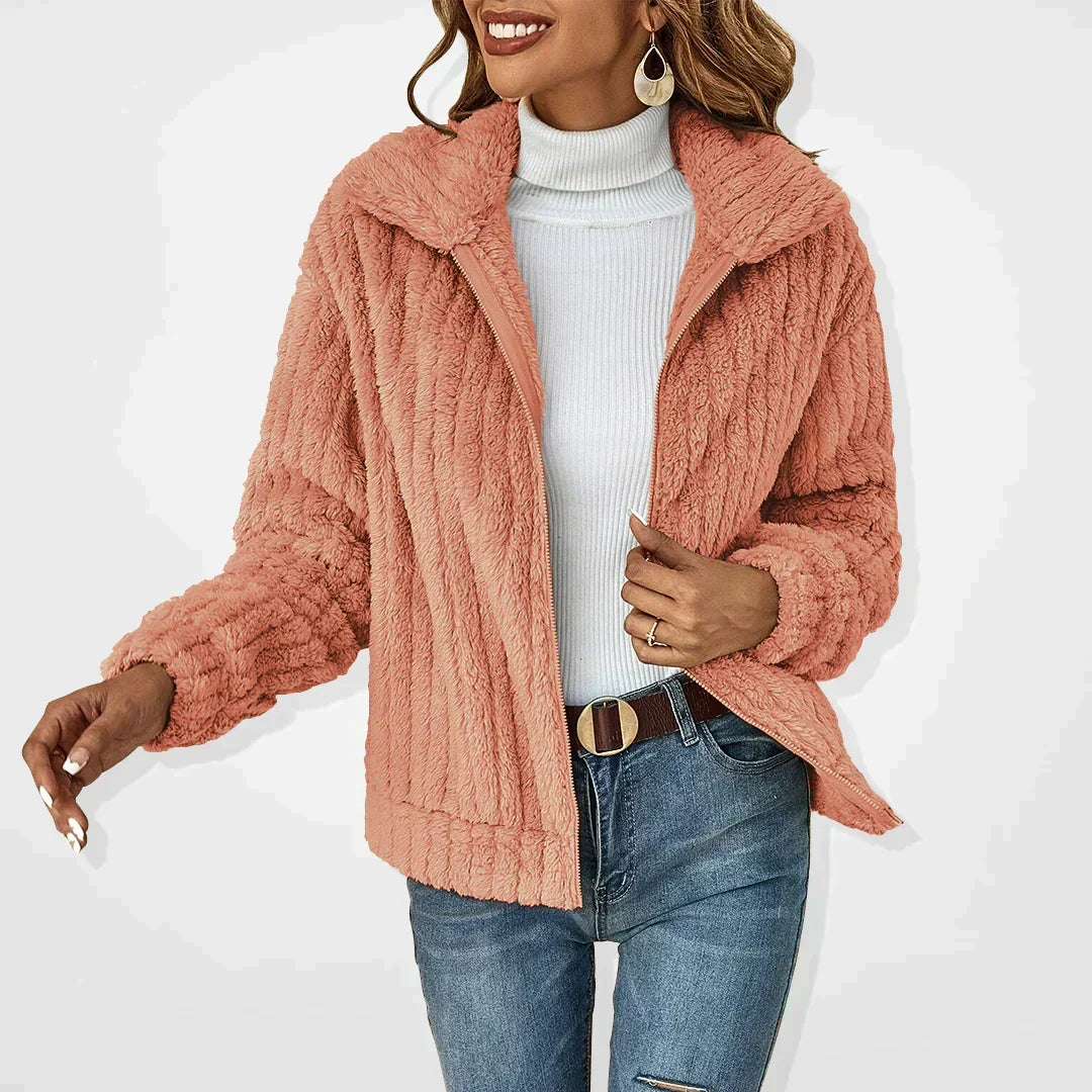Women's Teddy Fleece Jacket with Zip Front and Fold-Over Collar | Relaxed Fit, Hip Length, Plush and Lightweight | Size S-2XL