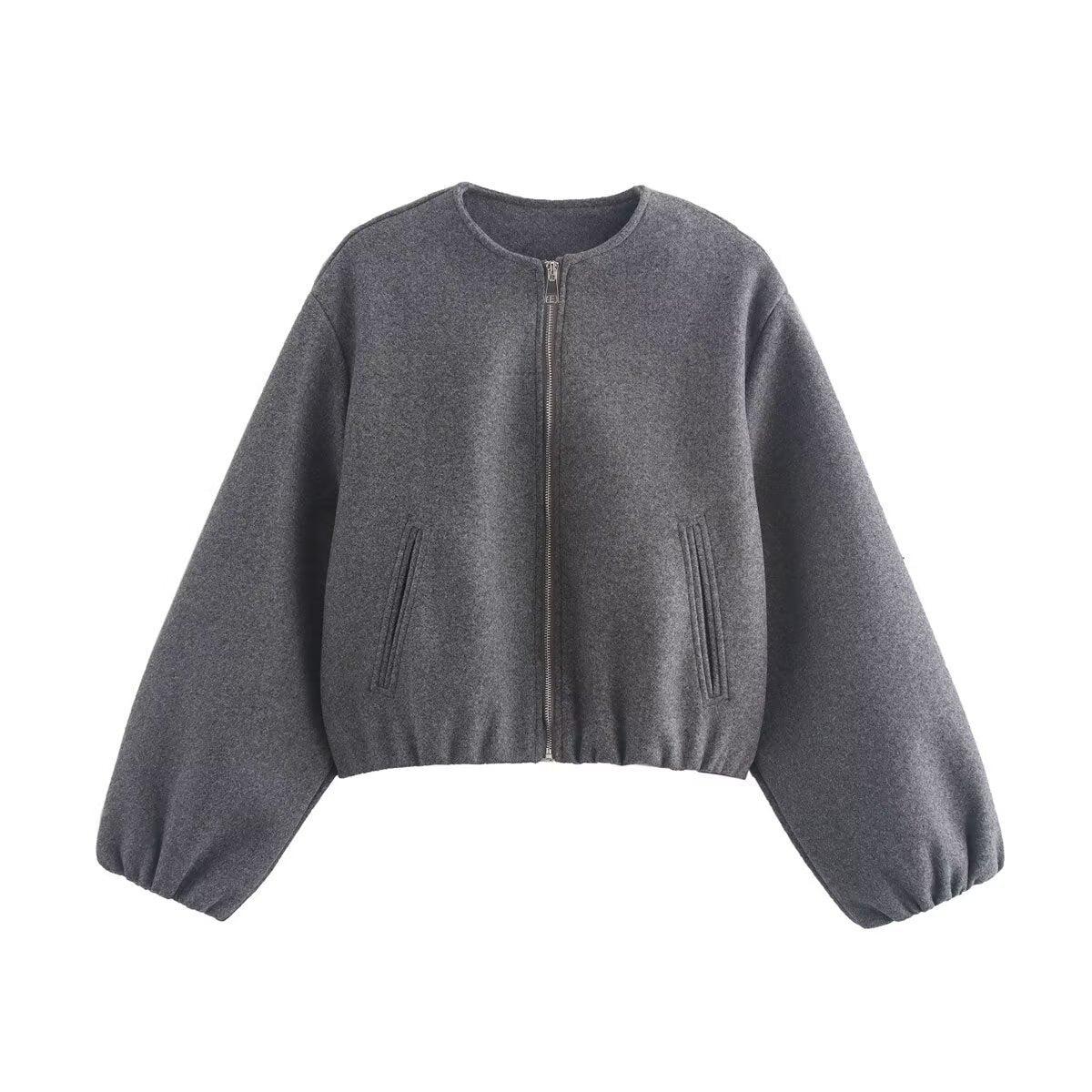Women's Cropped Bomber Jacket with Zip Front | Collarless, Ribbed Hem and Cuffs, Soft Fleece-Like Fabric | Size S-2XL