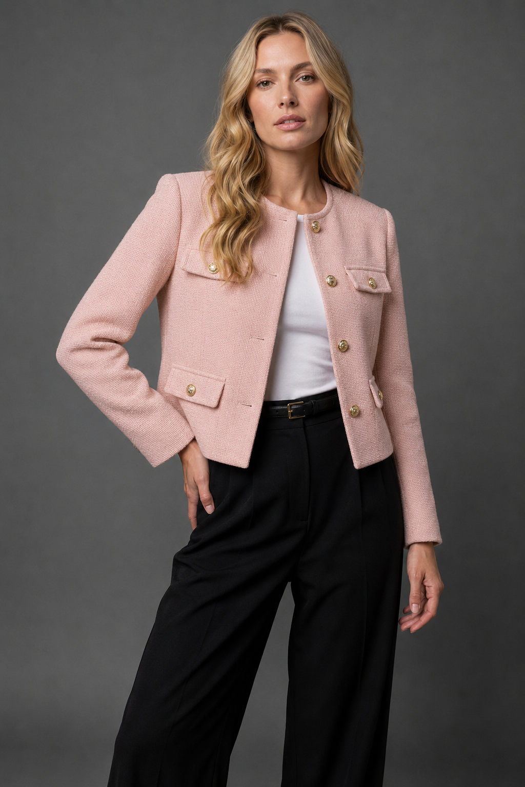 Women's Cropped Tweed Blazer with Gold Buttons | Collarless Jacket with Four Flap Pockets, Waist Length | Size XS-2XL