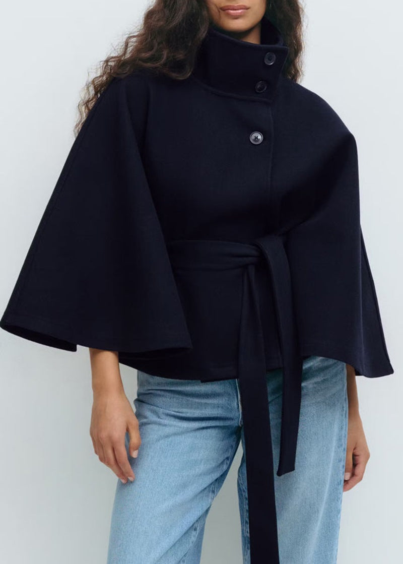 Women's Belted Cape Coat with Stand Collar and Button Closure | Wide Flared Sleeves, Wool-Look Fabric | Size S-2XL