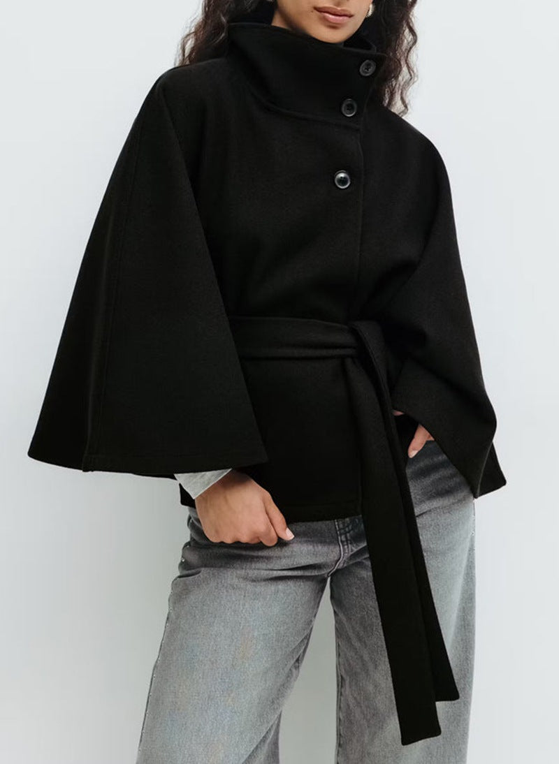 Women's Belted Cape Coat with Stand Collar and Button Closure | Wide Flared Sleeves, Wool-Look Fabric | Size S-2XL