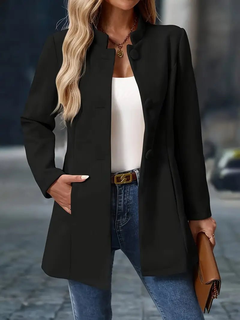 Women's Fitted Stand Collar Coat with Button Front and Side Pockets | Tailored Waist, Below-Hip Length | Size XS-2XL