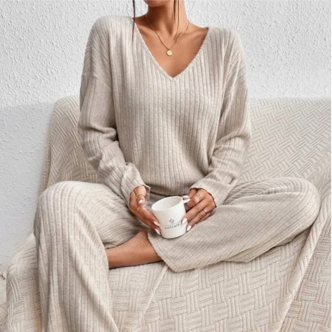 Women's Ribbed Knit Two-Piece Set | V-Neck Sweater and Matching Trousers, Relaxed Fit | Sizes S-2XL | 7 Colors