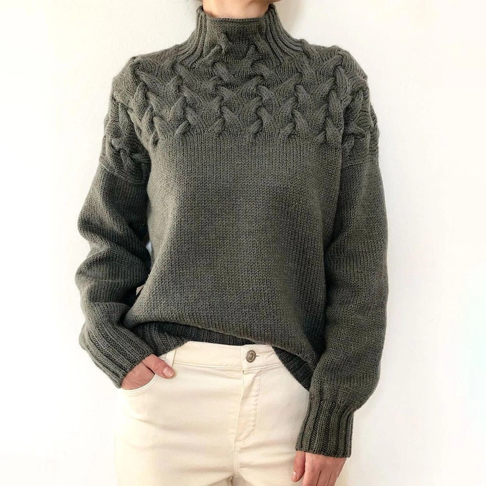 Women's Cable Knit Turtleneck Sweater | Chunky Braided Yoke, Ribbed Cuffs and Hem, Relaxed Layering Fit | 14 Colors