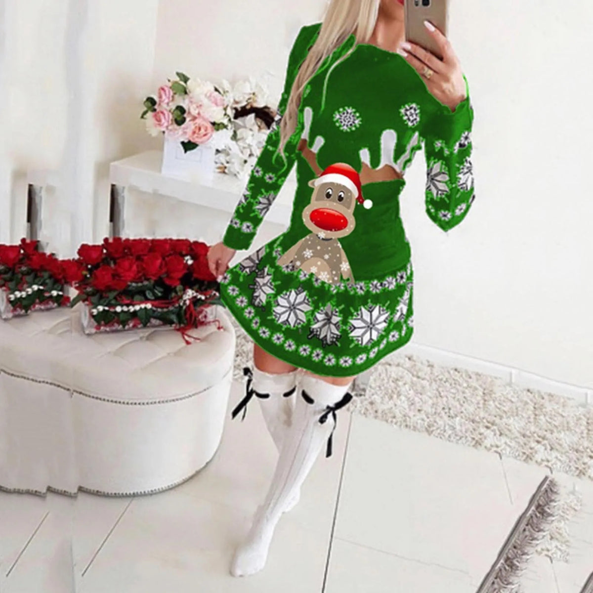 Women's Christmas Sweater Dress with Reindeer Motif | Snowflake Knit Border, Round Neck, Mini Length | Sizes S-2XL