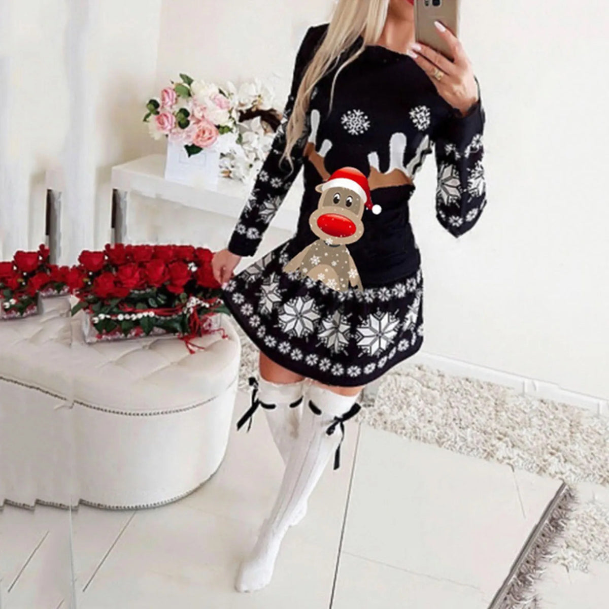 Women's Christmas Sweater Dress with Reindeer Motif | Snowflake Knit Border, Round Neck, Mini Length | Sizes S-2XL
