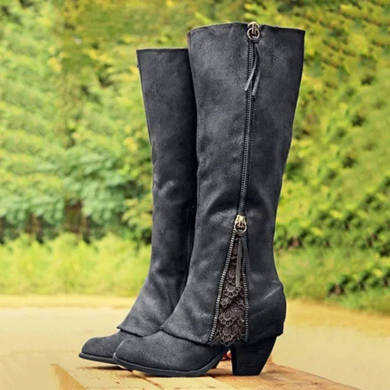 Women's Block Heel Knee High Boots with a Lace Inspired Panel | Full Length Side Zip, Tassel Pull | Sizes 4-11, 3 Colors