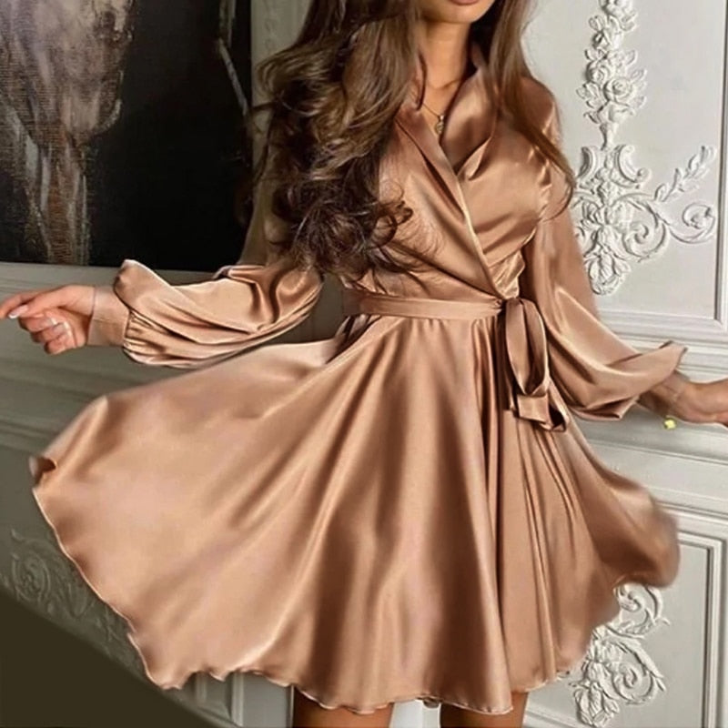 Women's Satin Mini Dress with Balloon Sleeves | Wrap Front, Tie Waist and Ruffled Hem | Sizes S to 2XL, 4 Colors