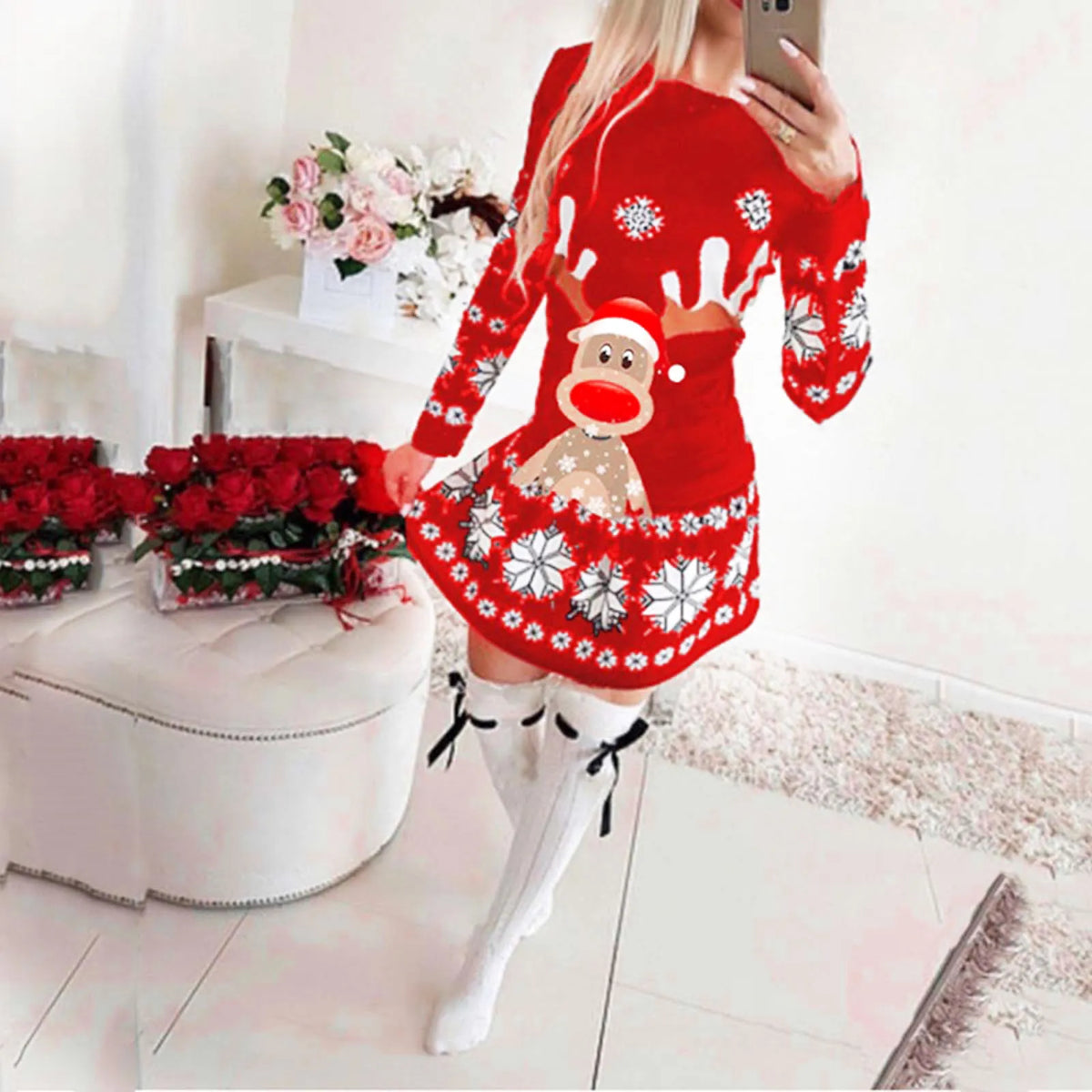 Women's Christmas Sweater Dress with Reindeer Motif | Snowflake Knit Border, Round Neck, Mini Length | Sizes S-2XL